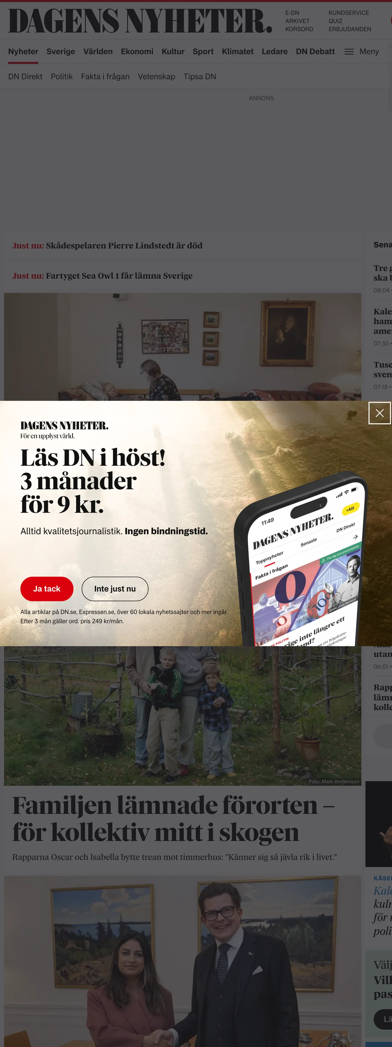 Screenshot of the Dagens Nyheter front page