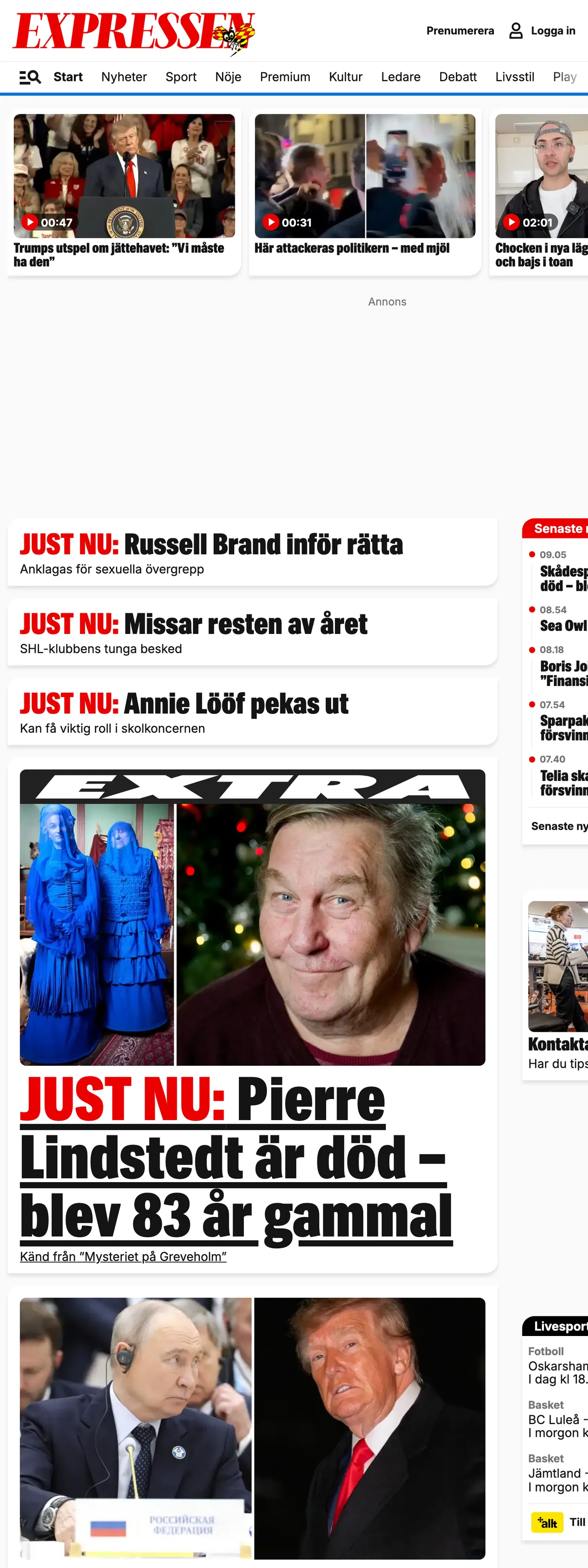 Screenshot of the Expressen front page