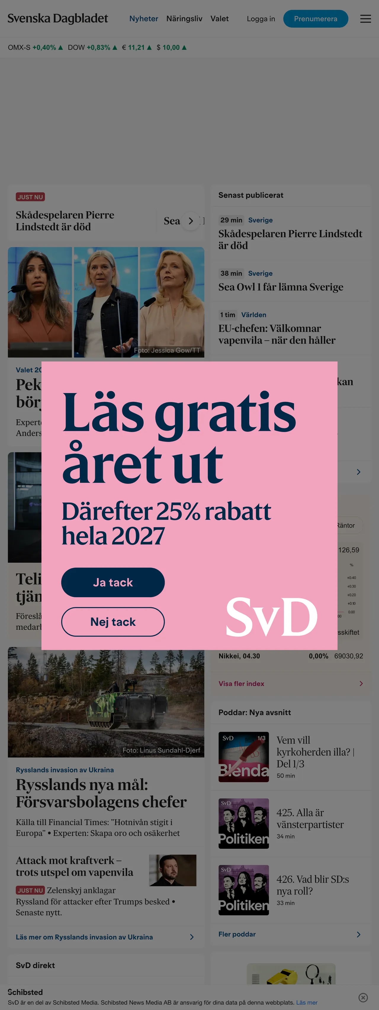 Screenshot of the Svenska Dagbladet front page