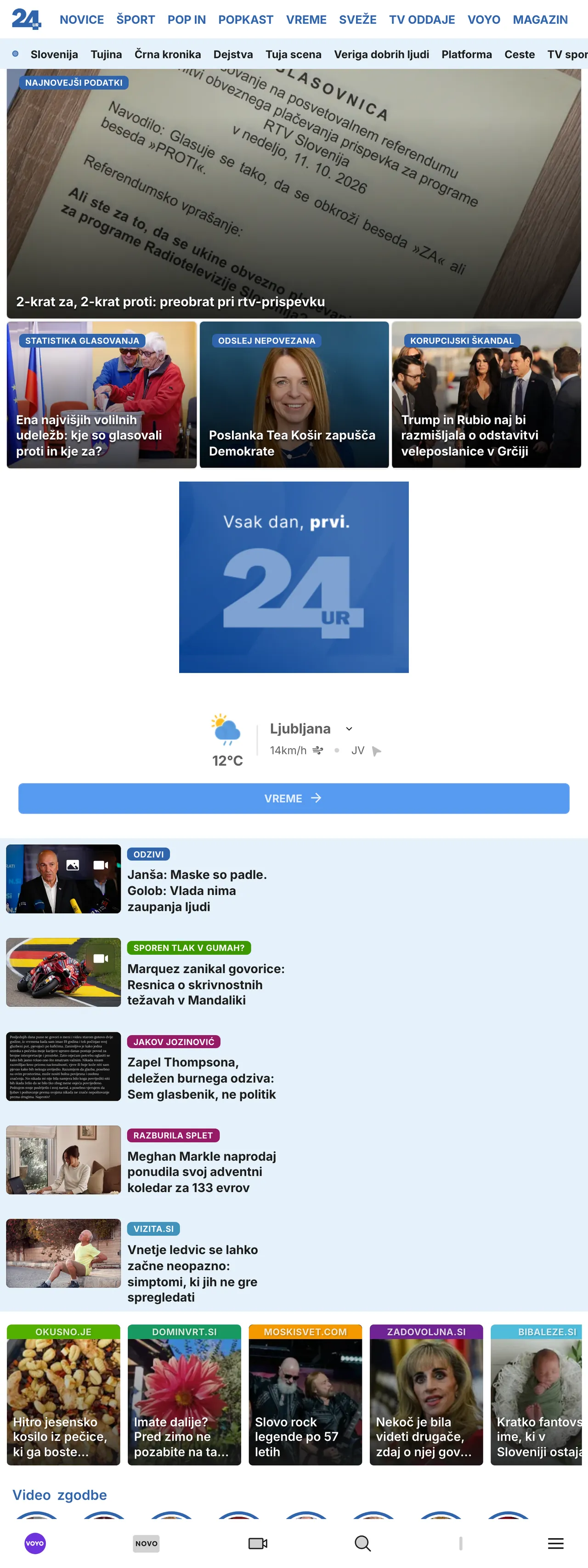 Screenshot of the 24ur front page