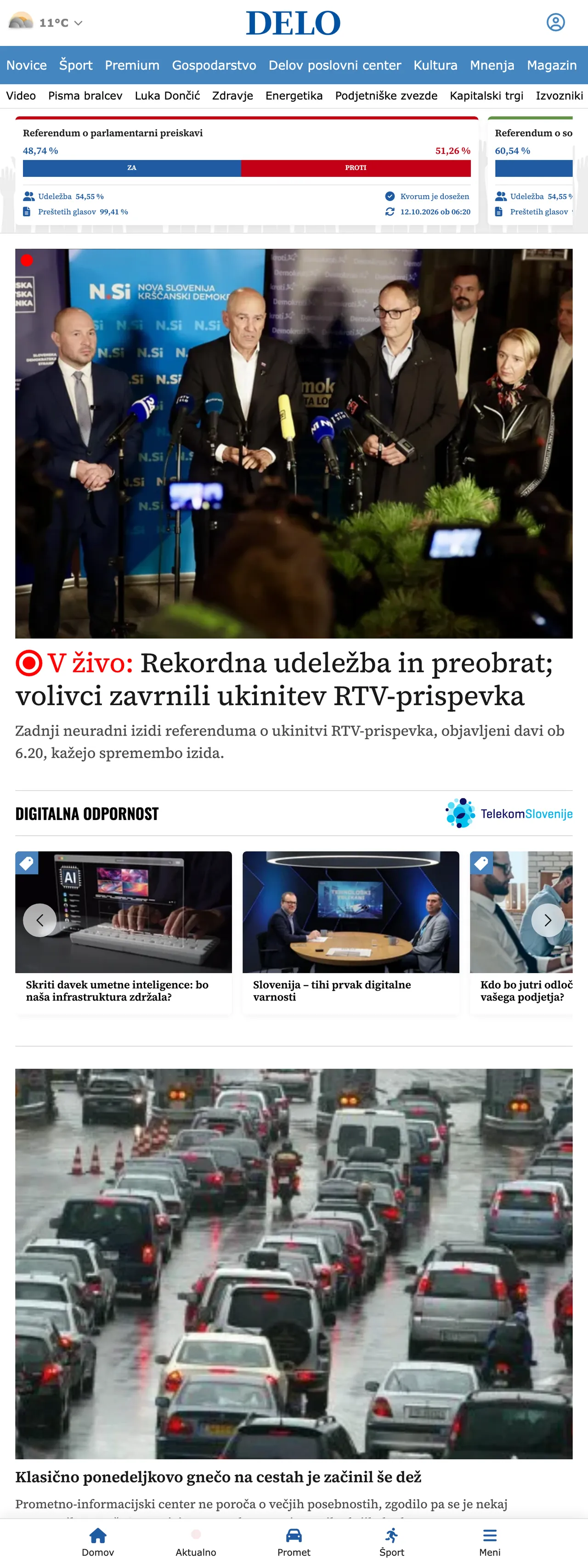 Screenshot of the Delo front page