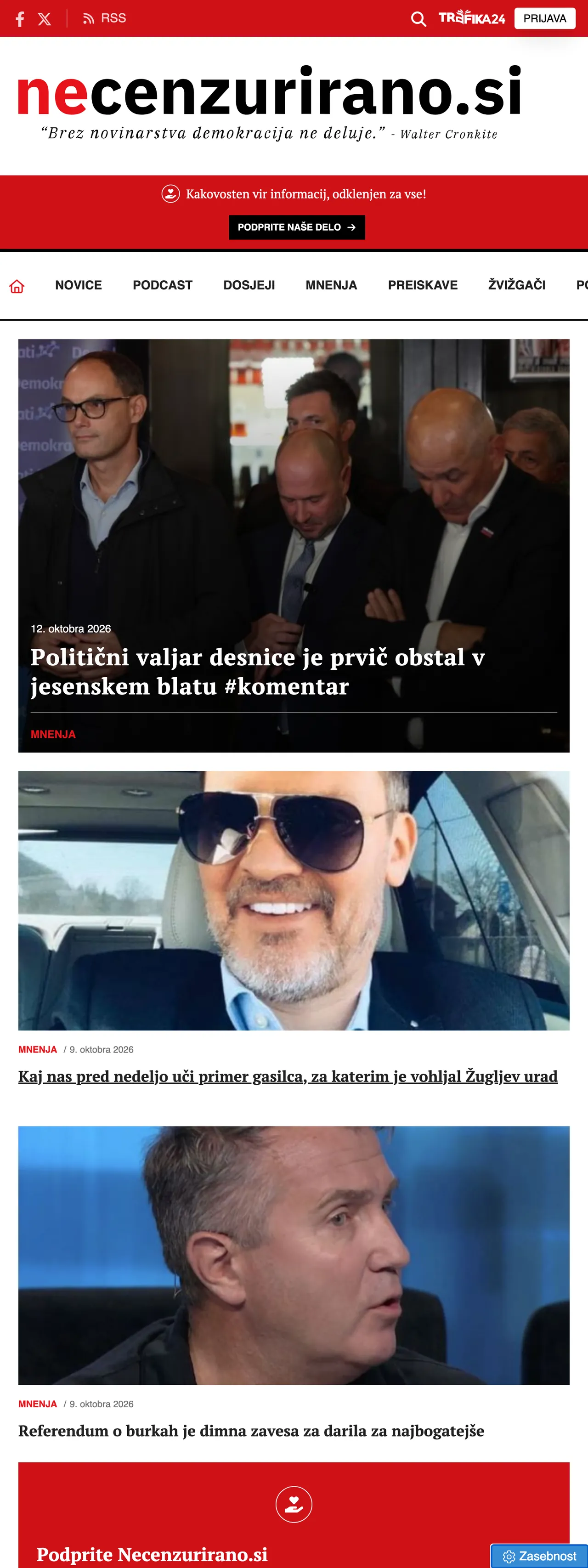 Screenshot of the Necenzurirano front page