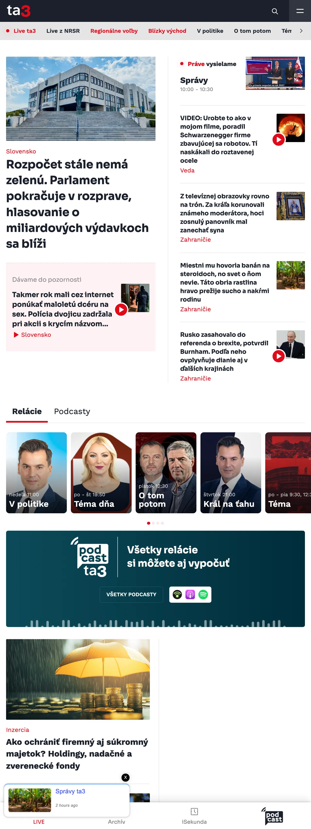Screenshot of the TA3 front page