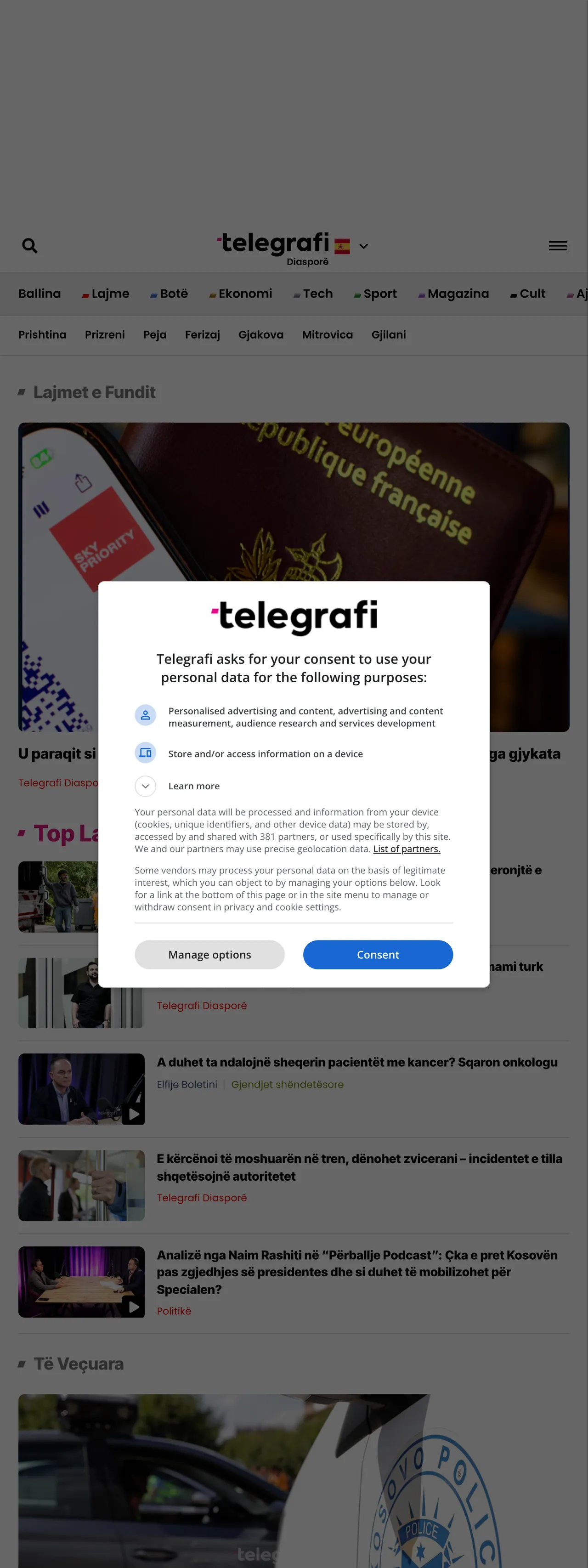 Screenshot of the Telegrafi front page