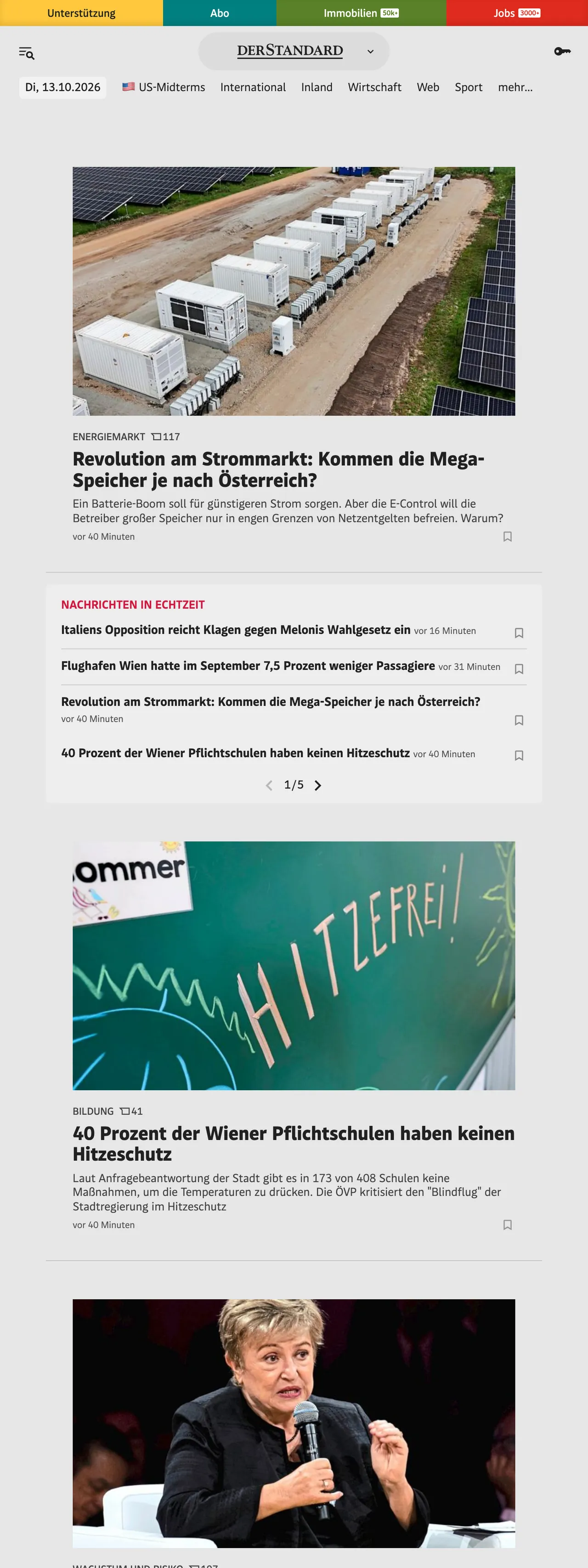 Screenshot of the DER STANDARD front page