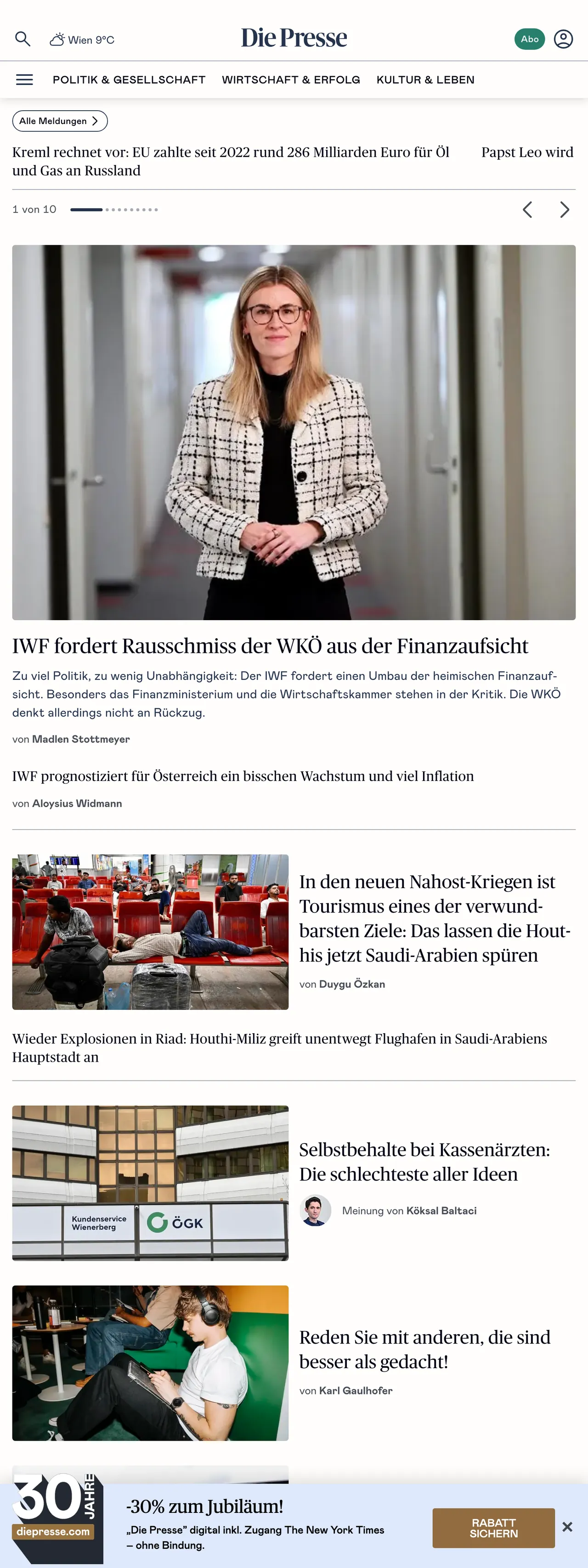 Screenshot of the Die Presse front page
