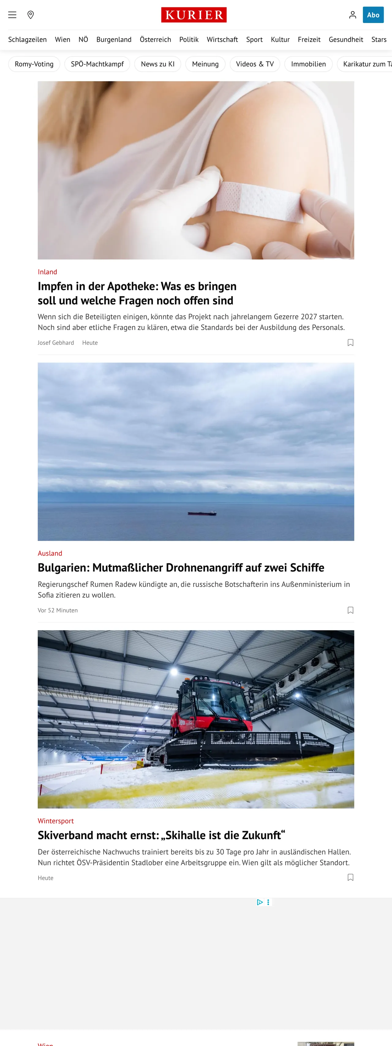 Screenshot of the Kurier front page