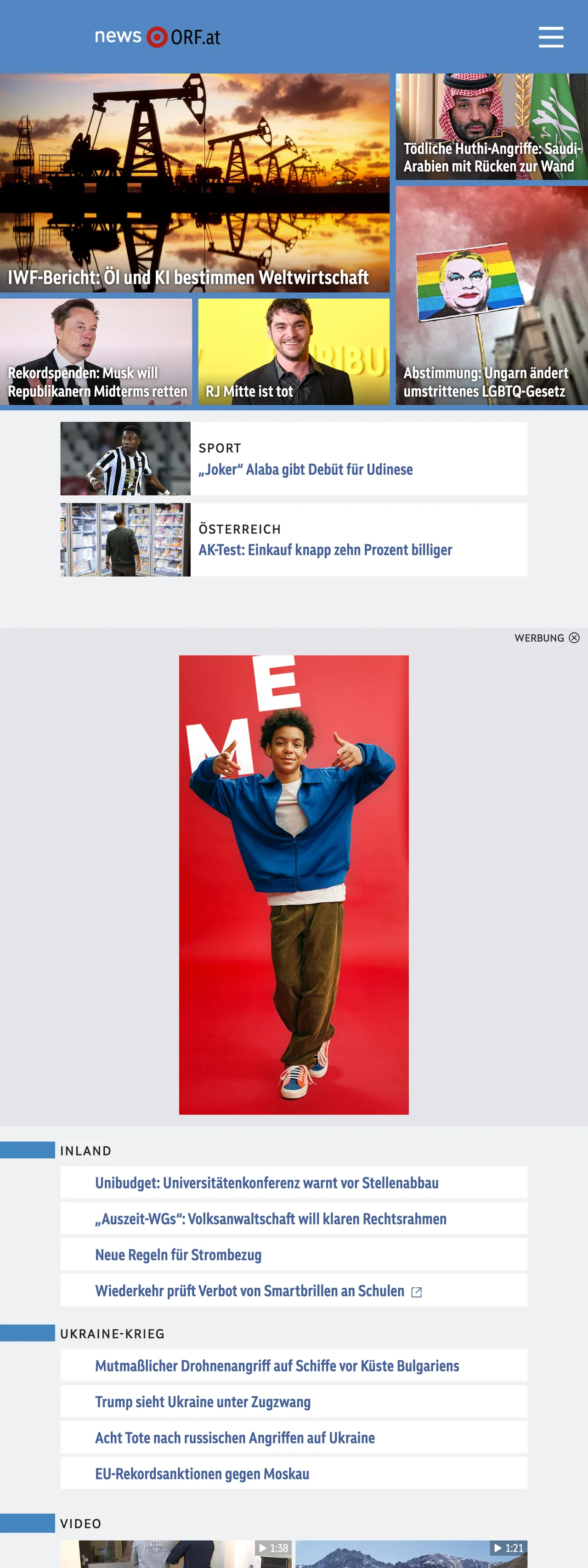 Screenshot of the ORF front page
