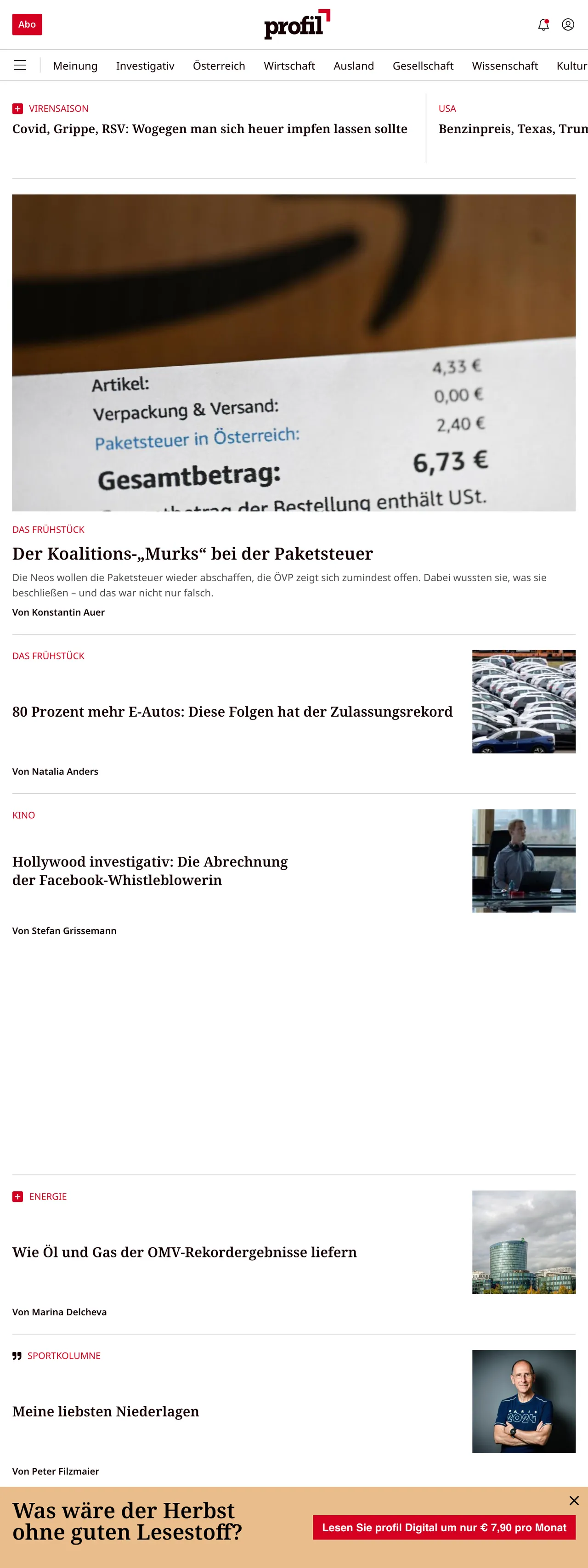 Screenshot of the profil front page