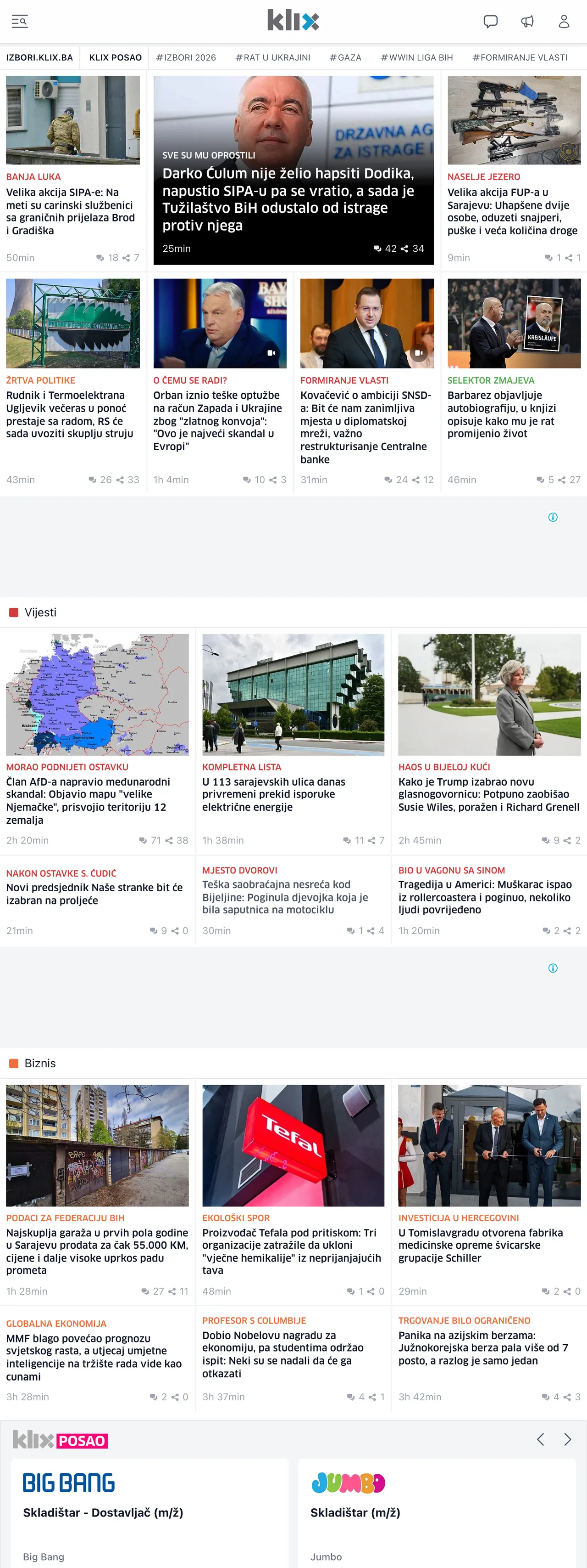Screenshot of the Klix.ba front page
