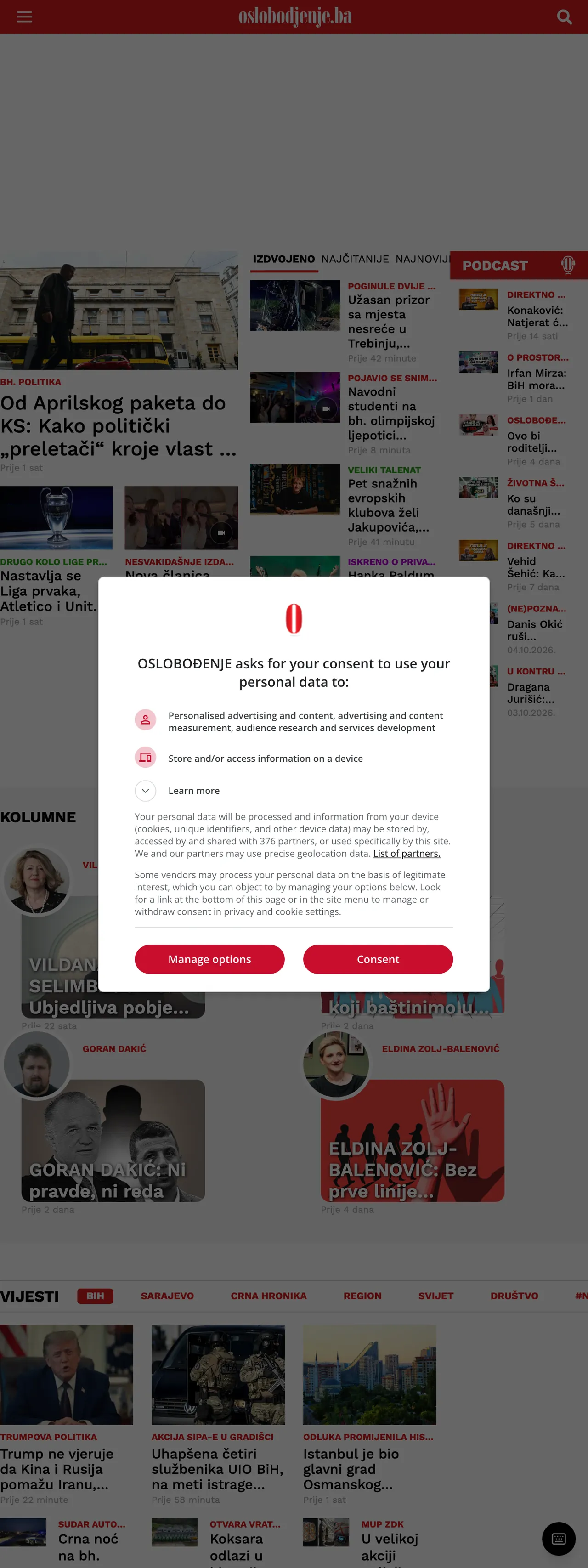 Screenshot of the Oslobođenje front page