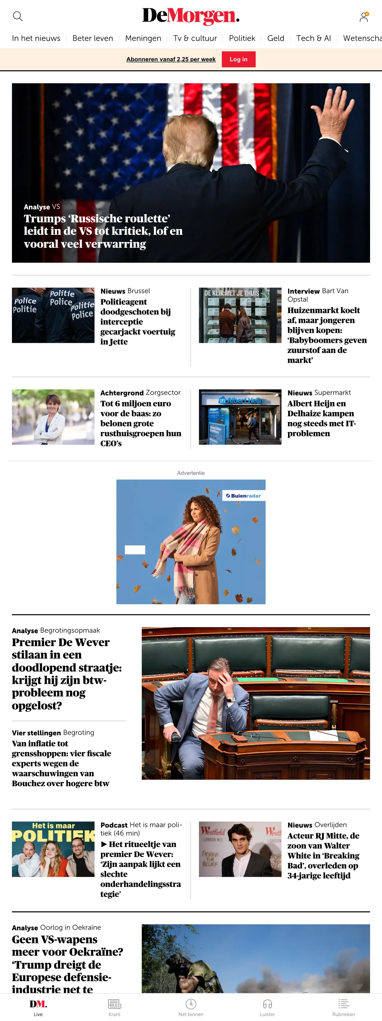 Screenshot of the De Morgen front page