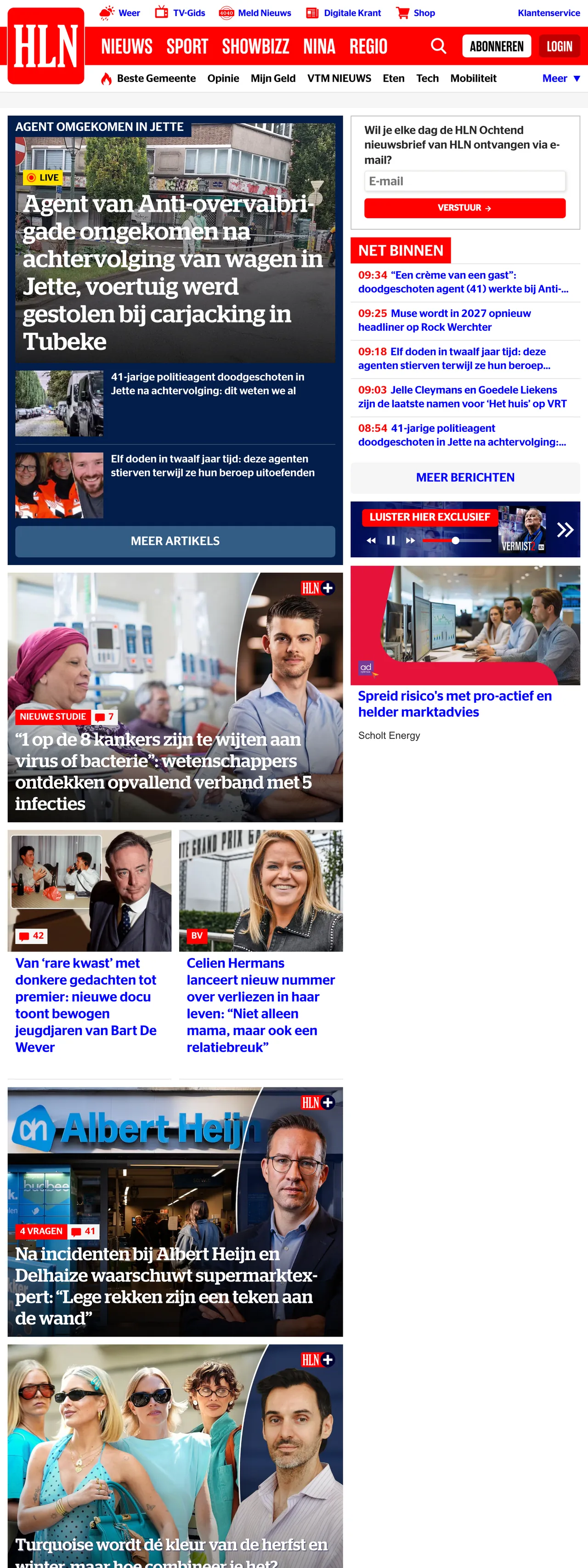 Screenshot of the HLN front page
