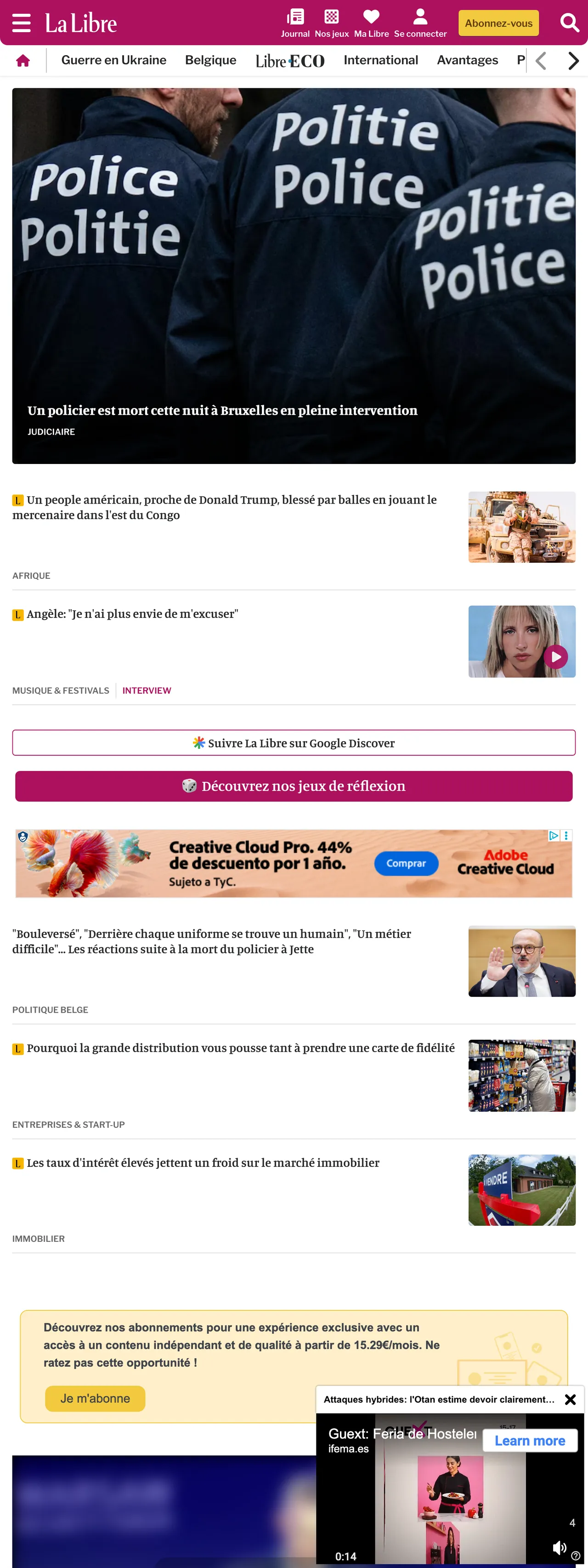 Screenshot of the La Libre front page