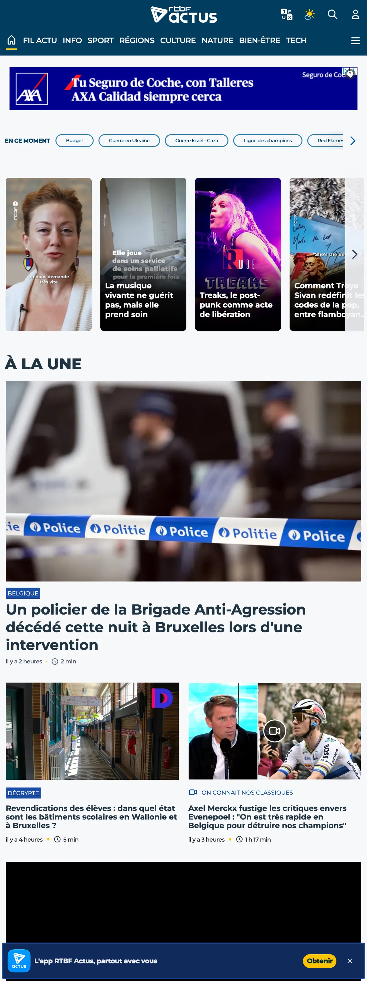Screenshot of the RTBF front page
