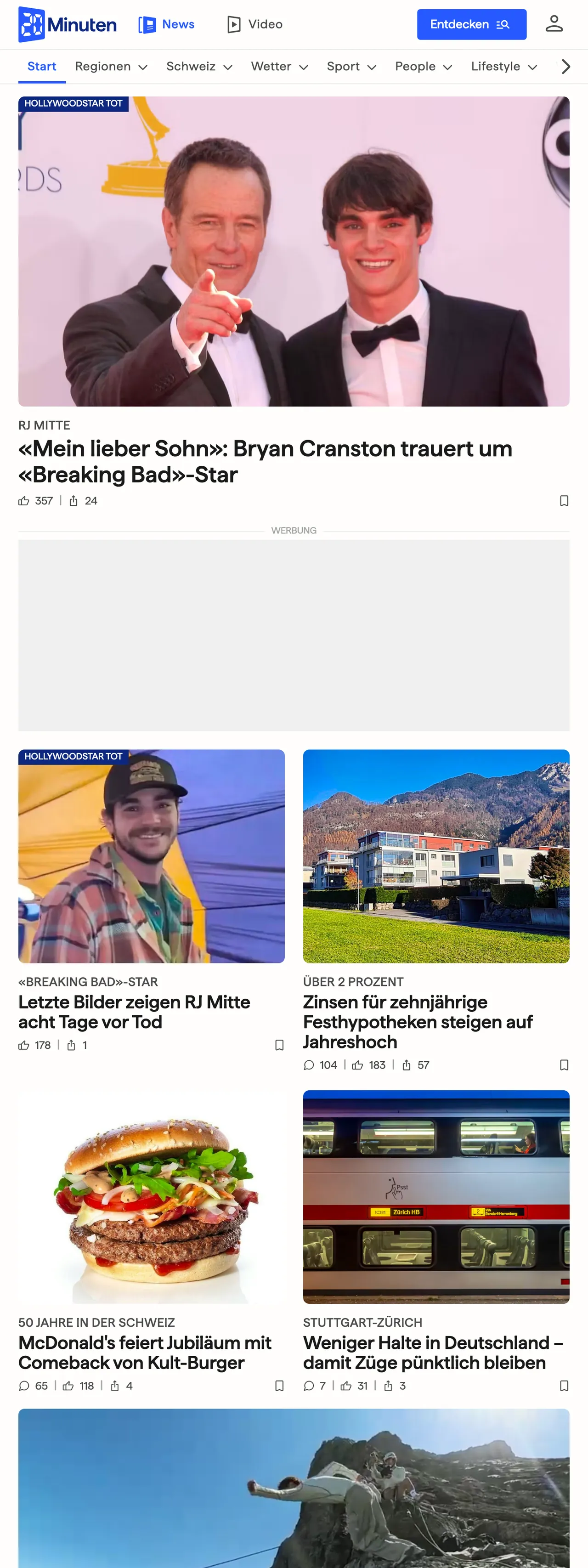 Screenshot of the 20 Minuten front page