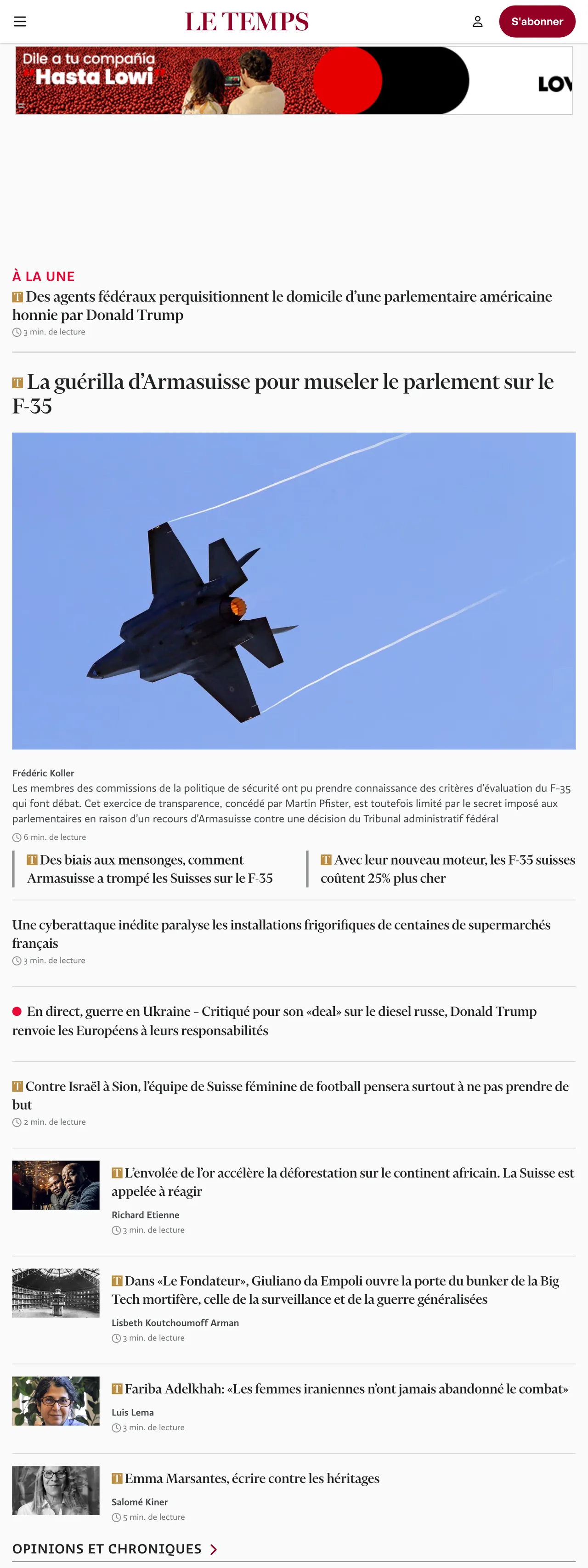 Screenshot of the Le Temps front page