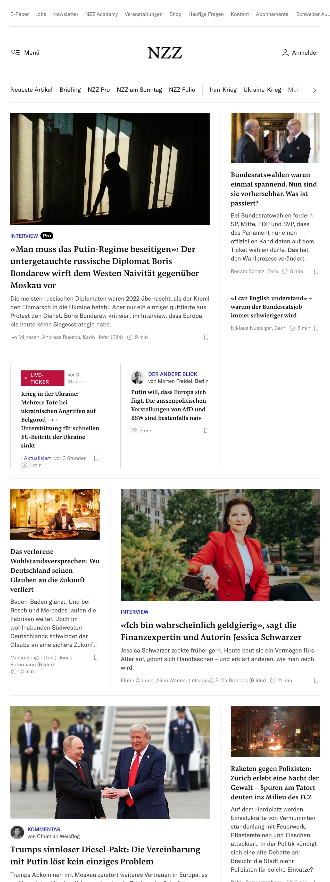 Screenshot of the Neue Zürcher Zeitung front page