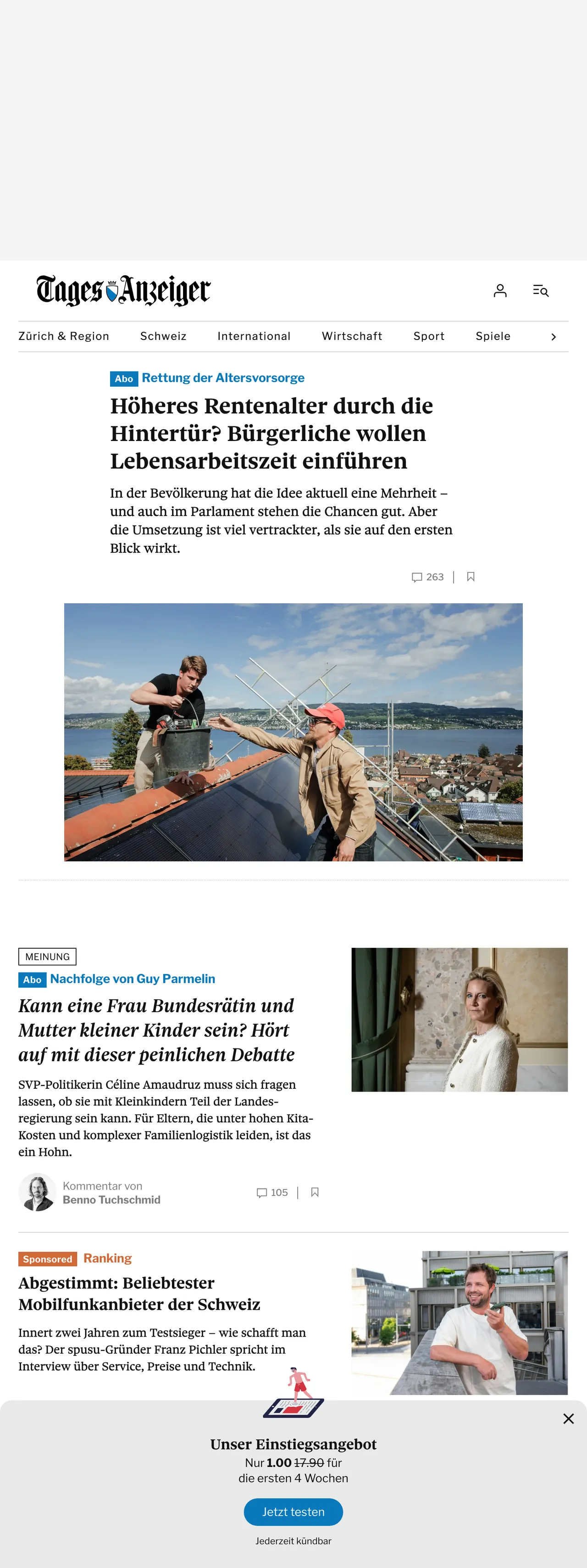 Screenshot of the Tages-Anzeiger front page
