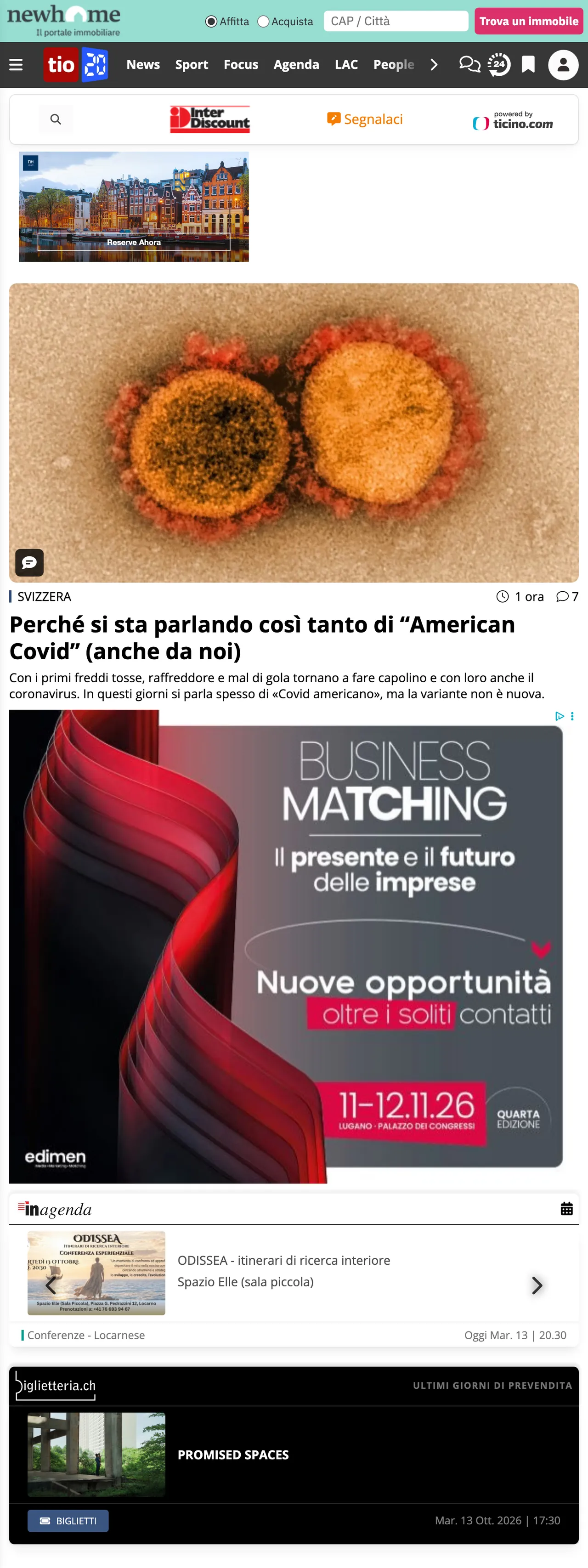 Screenshot of the Ticinonline front page