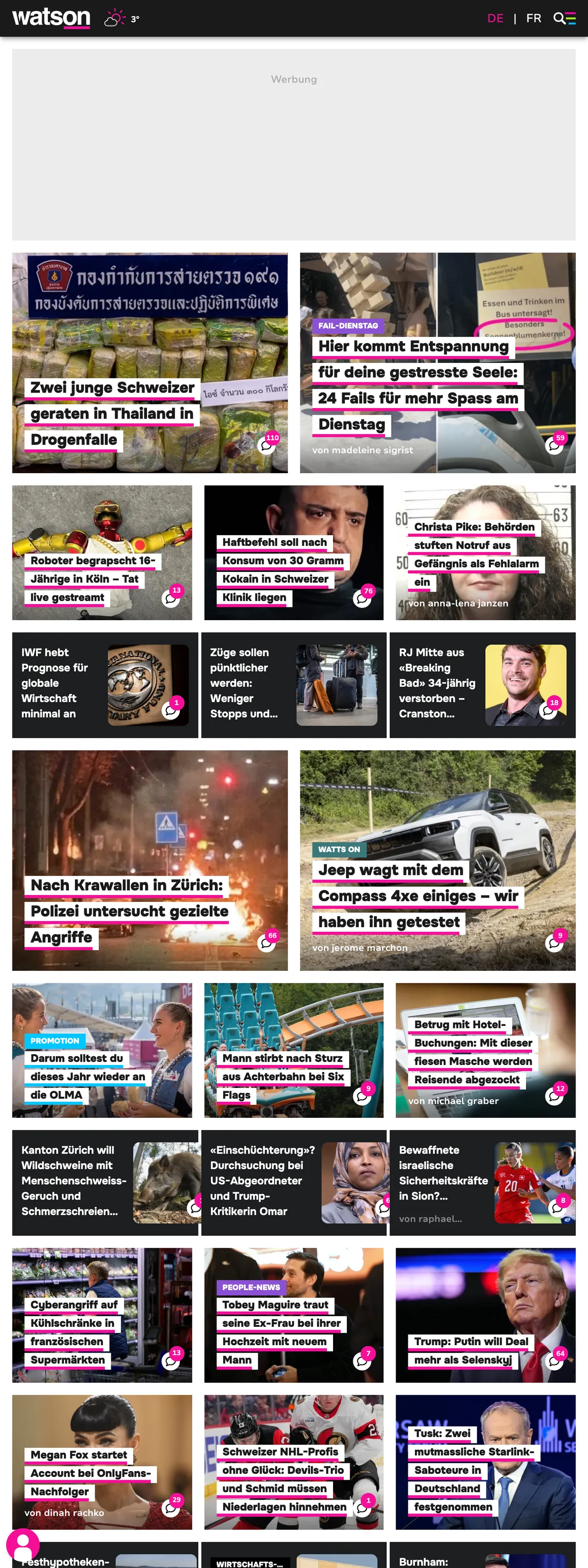 Screenshot of the watson front page