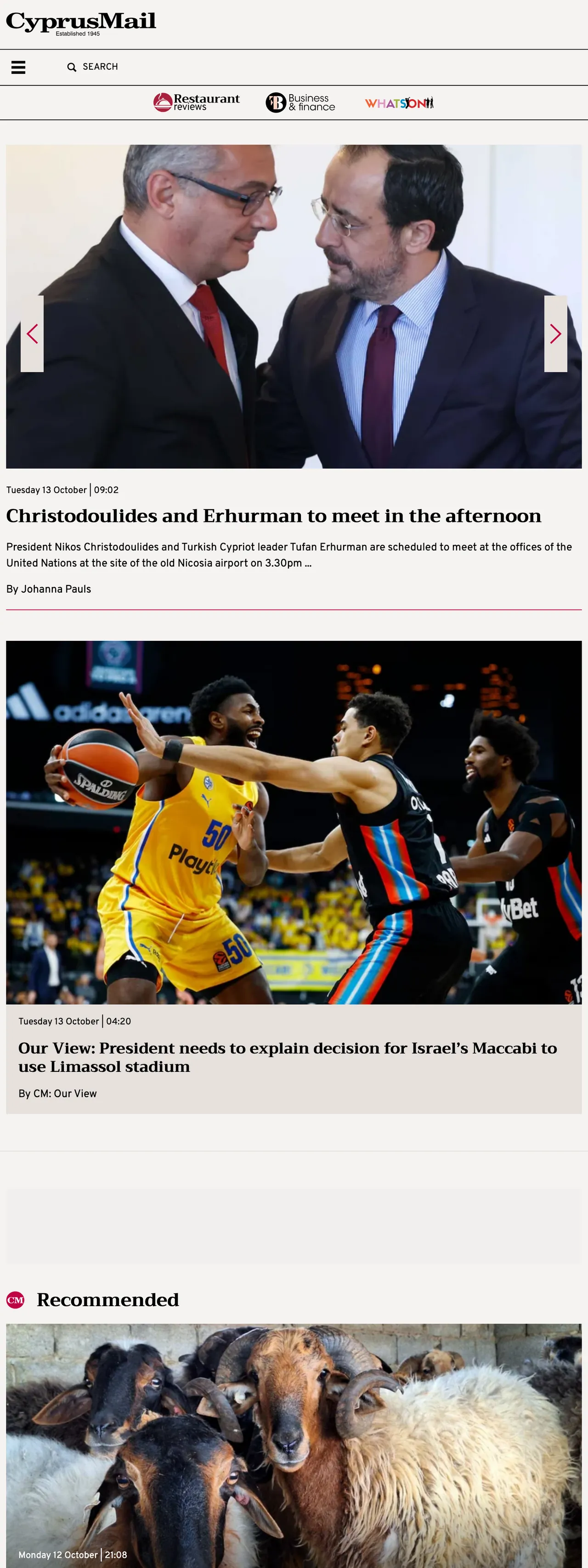 Screenshot of the Cyprus Mail front page