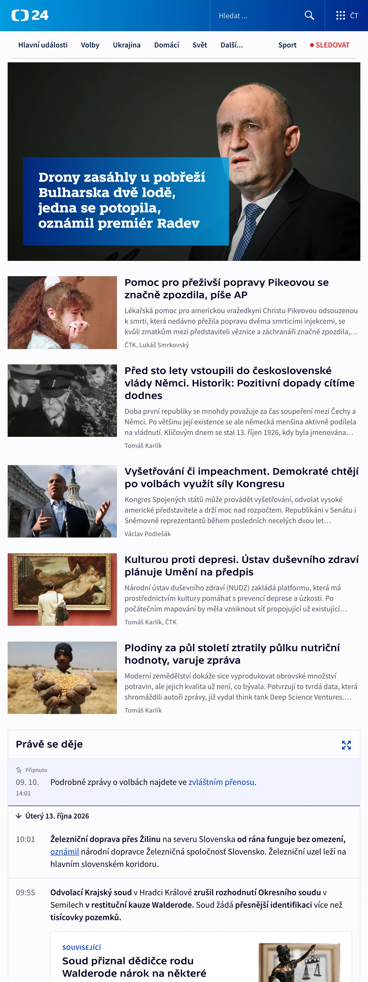 Screenshot of the ČT24 front page