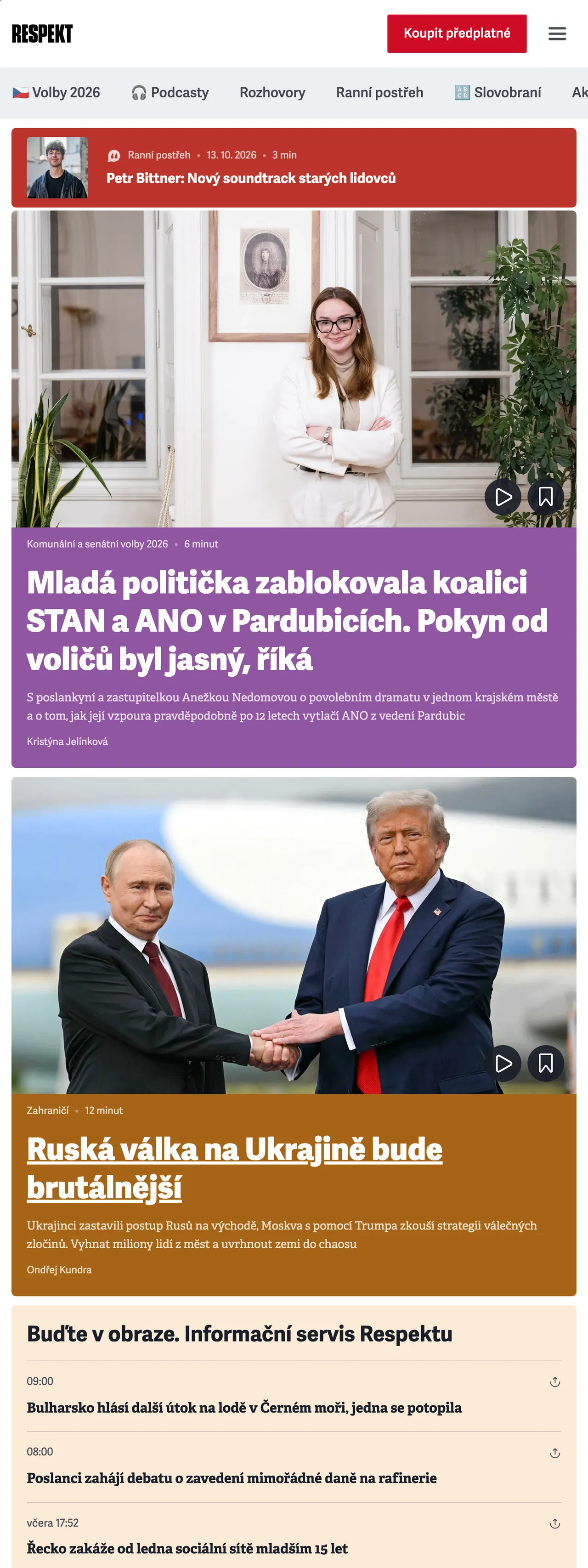 Screenshot of the Respekt front page