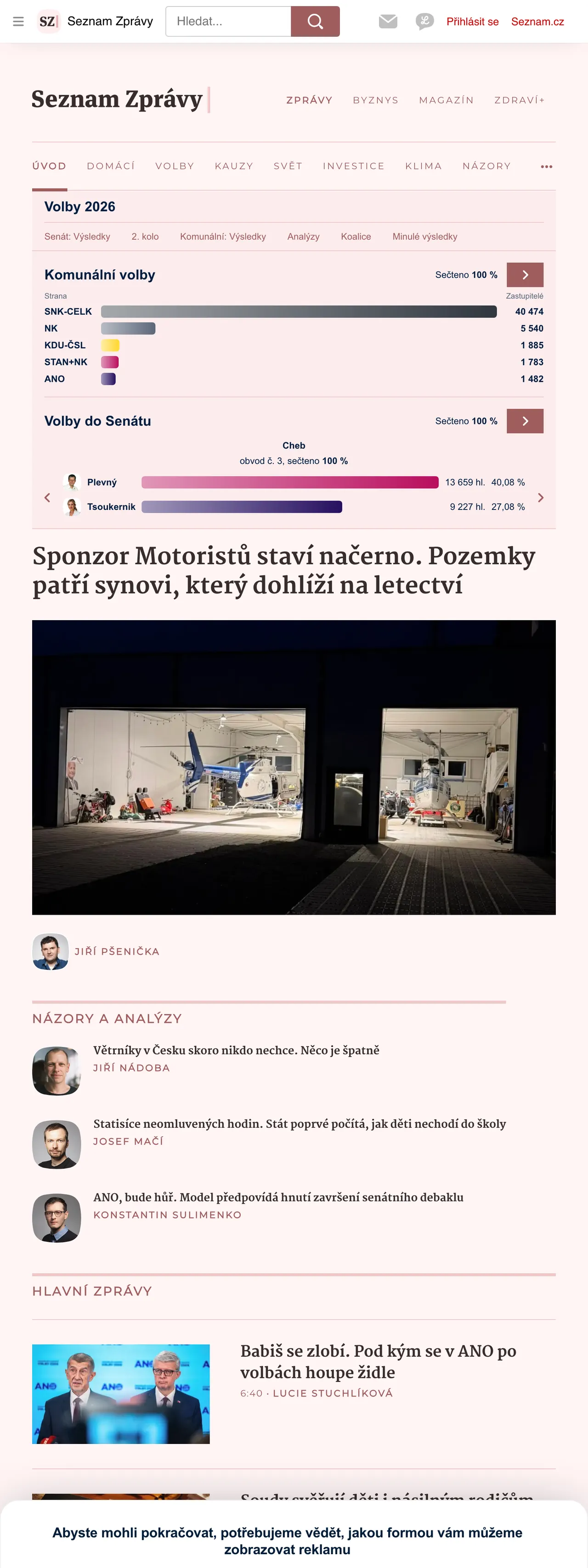 Screenshot of the Seznam Zprávy front page