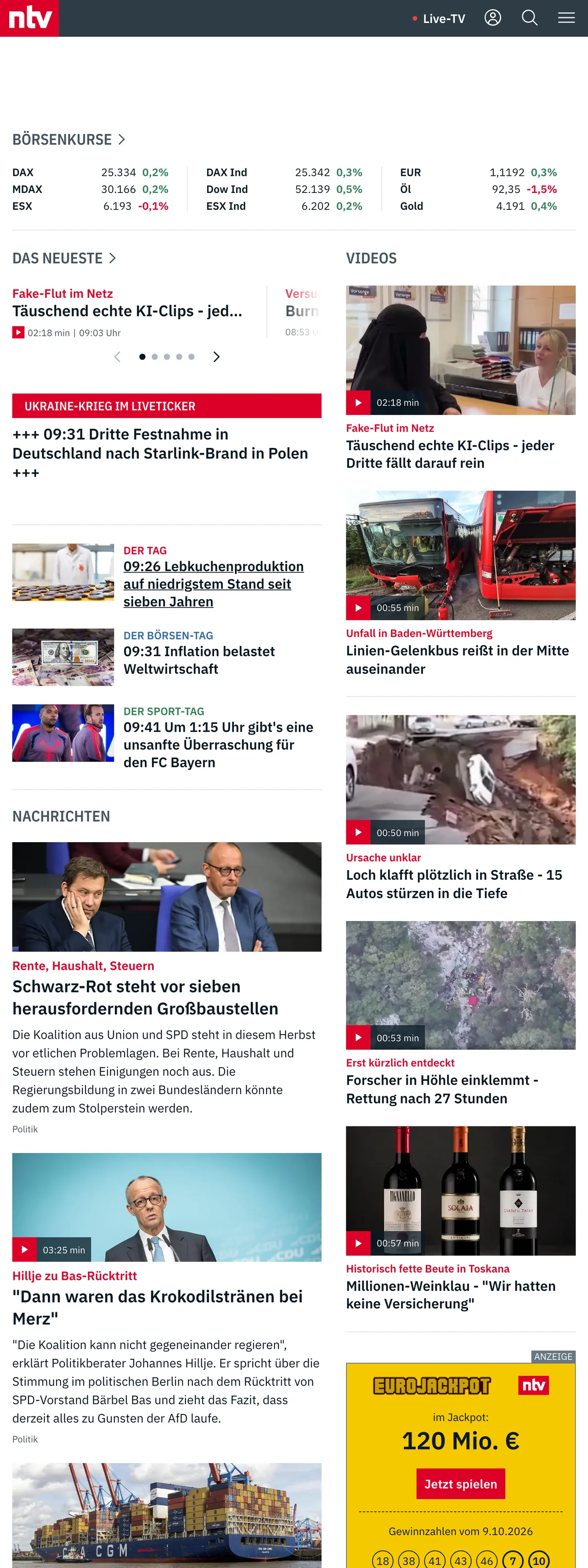 Screenshot of the n-tv front page