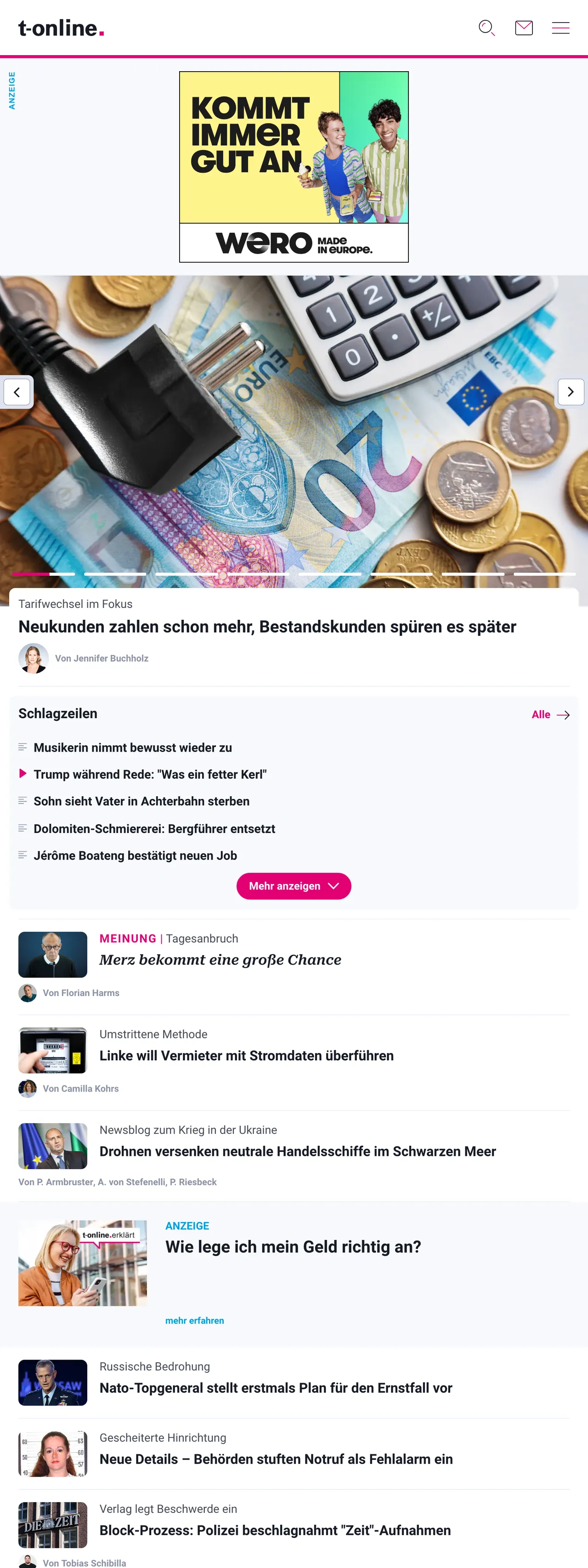 Screenshot of the t-online front page