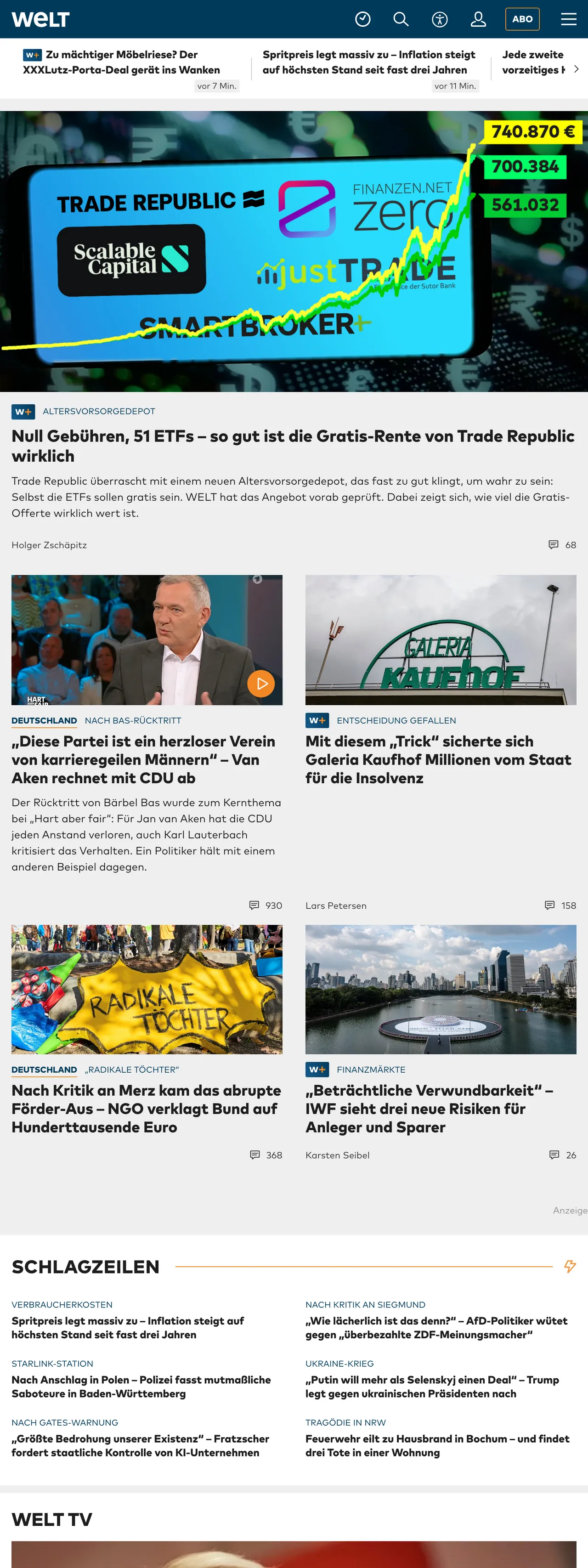 Screenshot of the WELT front page