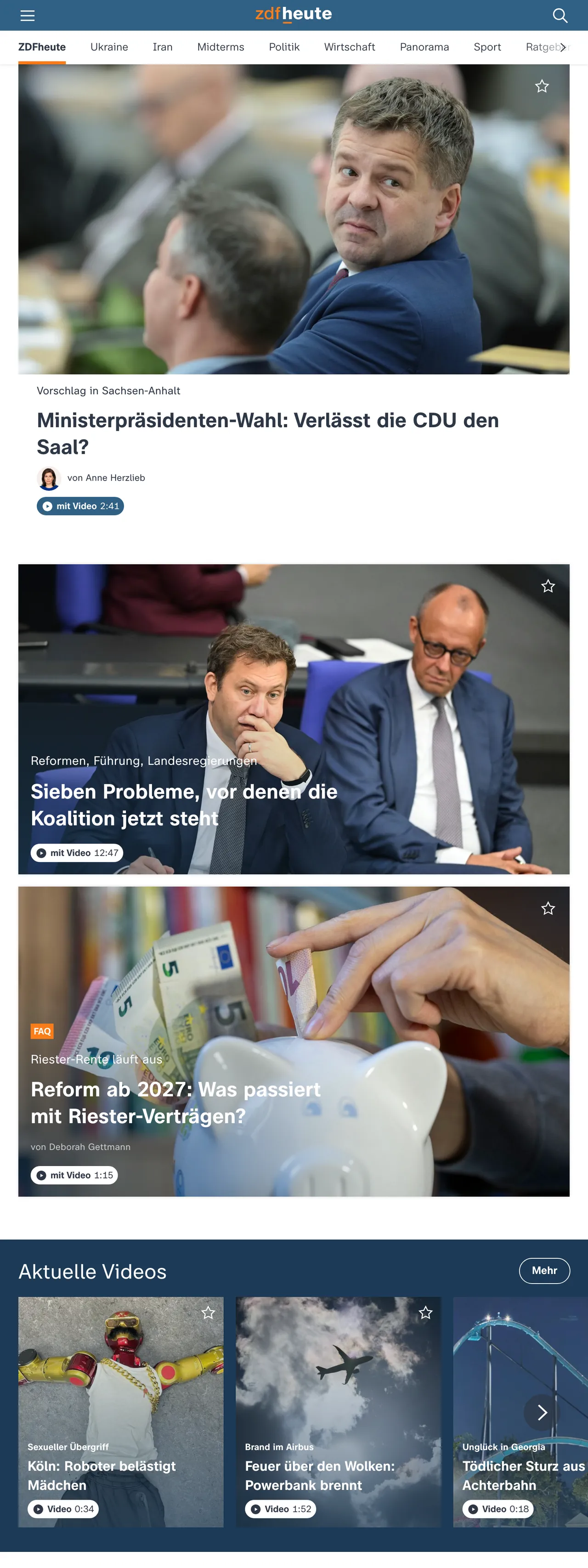 Screenshot of the ZDFheute front page