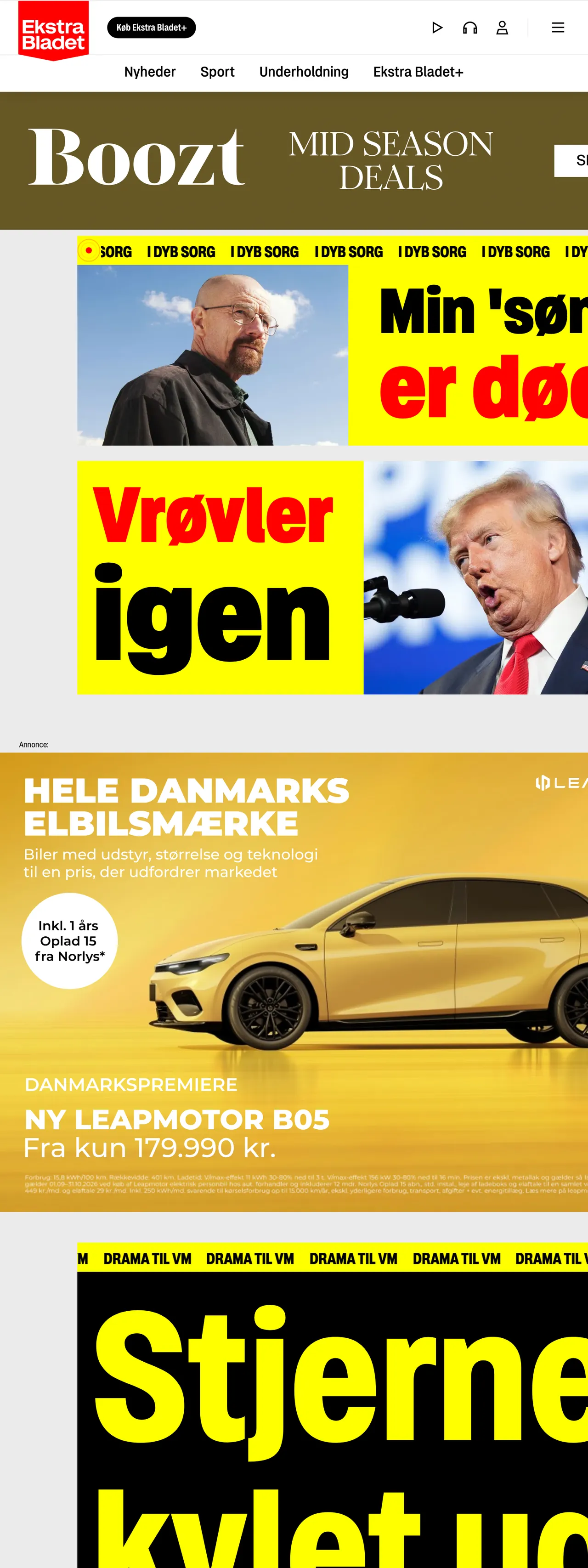 Screenshot of the Ekstra Bladet front page