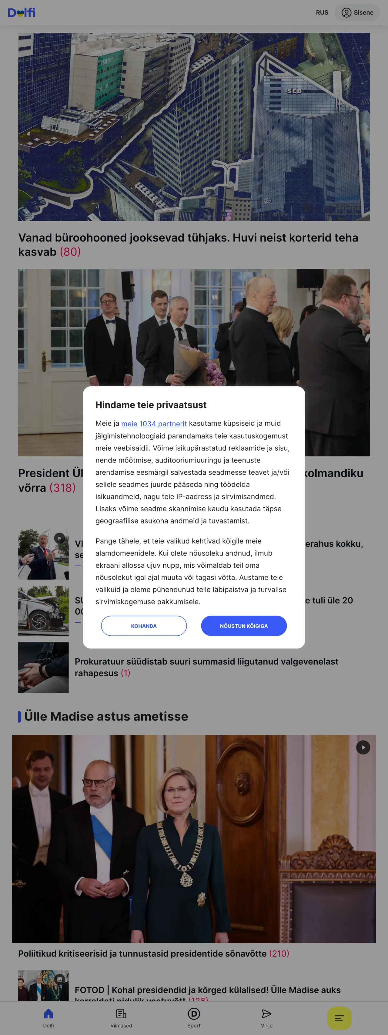 Screenshot of the Delfi front page