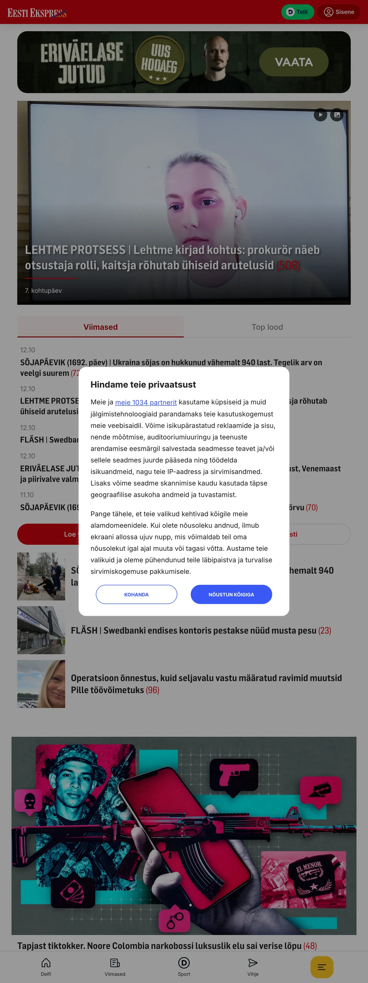 Screenshot of the Eesti Ekspress front page