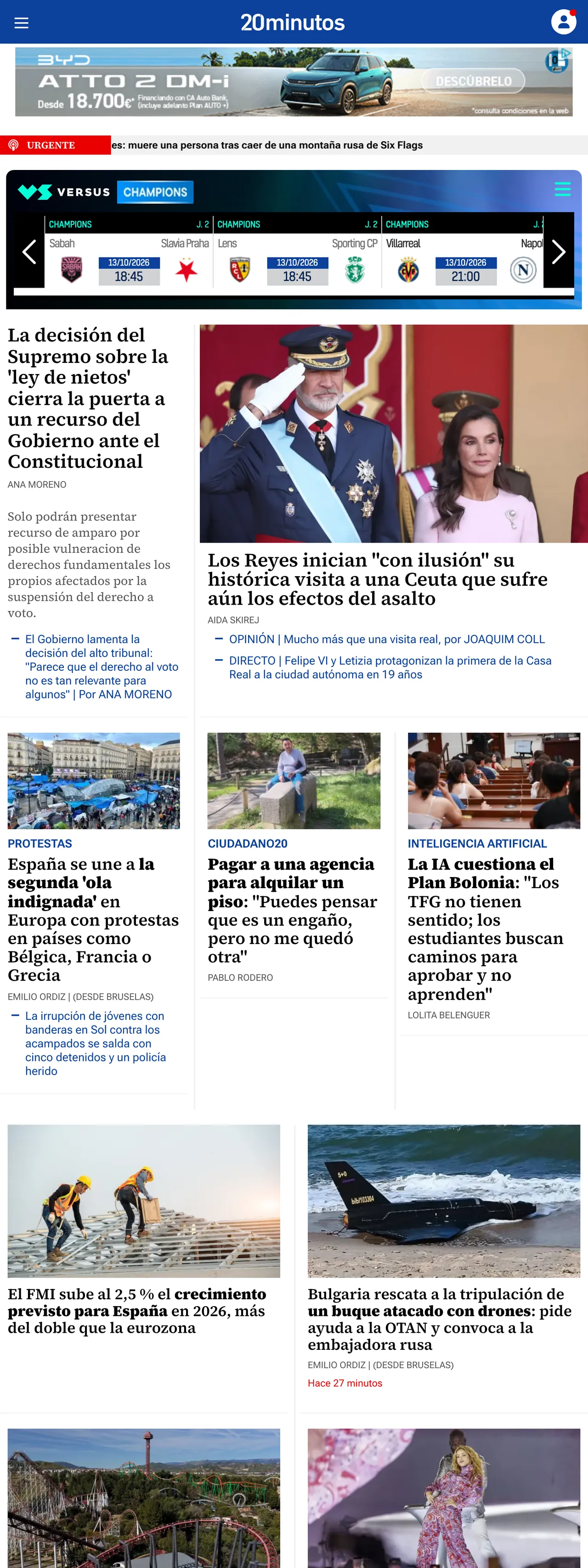 Screenshot of the 20minutos front page
