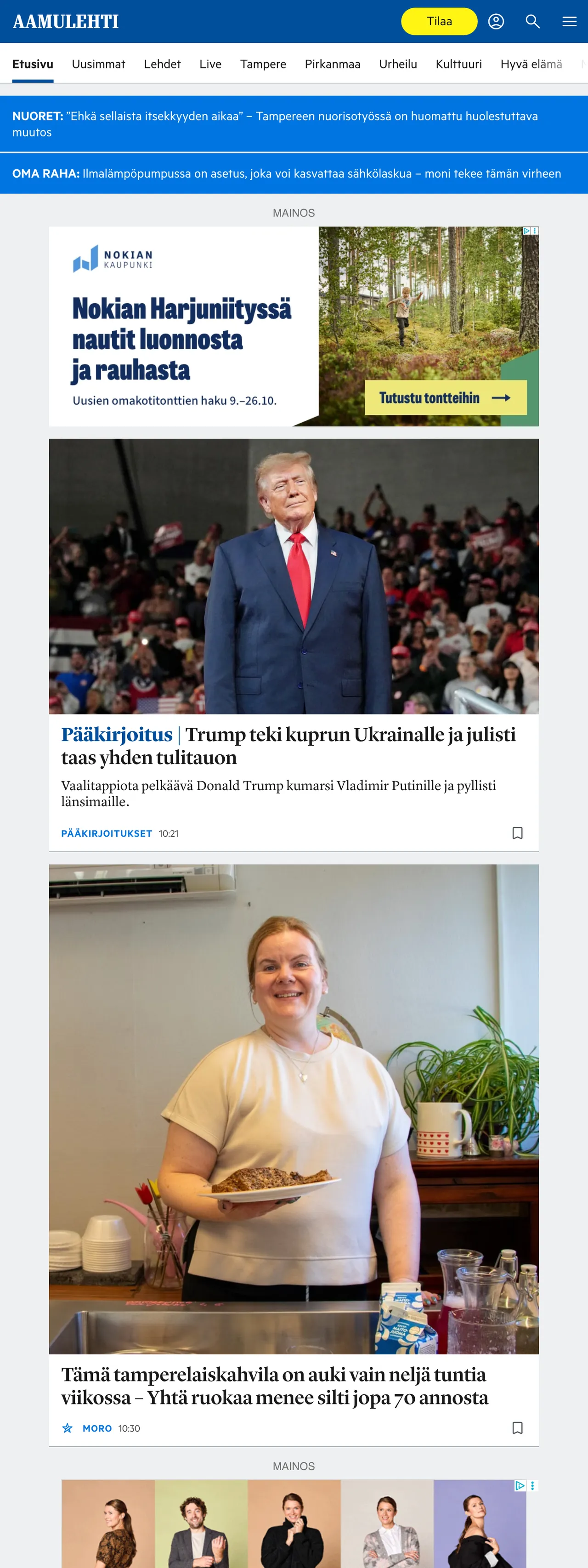 Screenshot of the Aamulehti front page