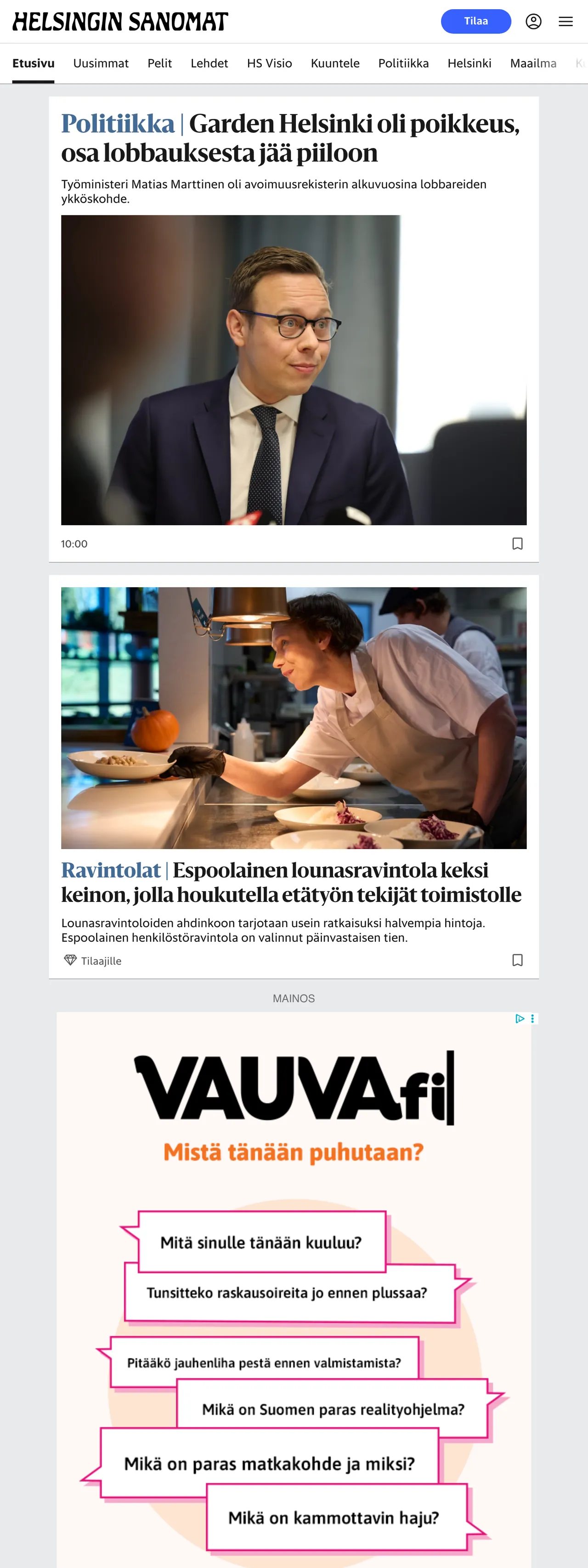 Screenshot of the Helsingin Sanomat front page
