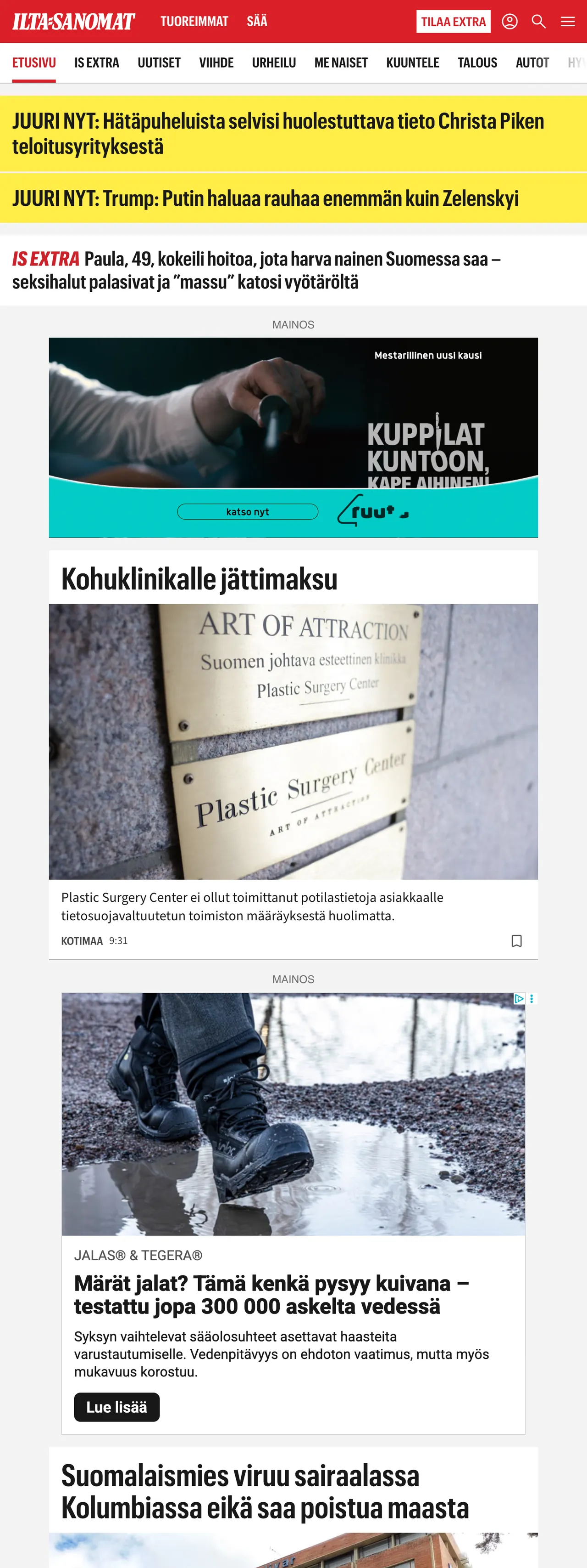 Screenshot of the Ilta-Sanomat front page