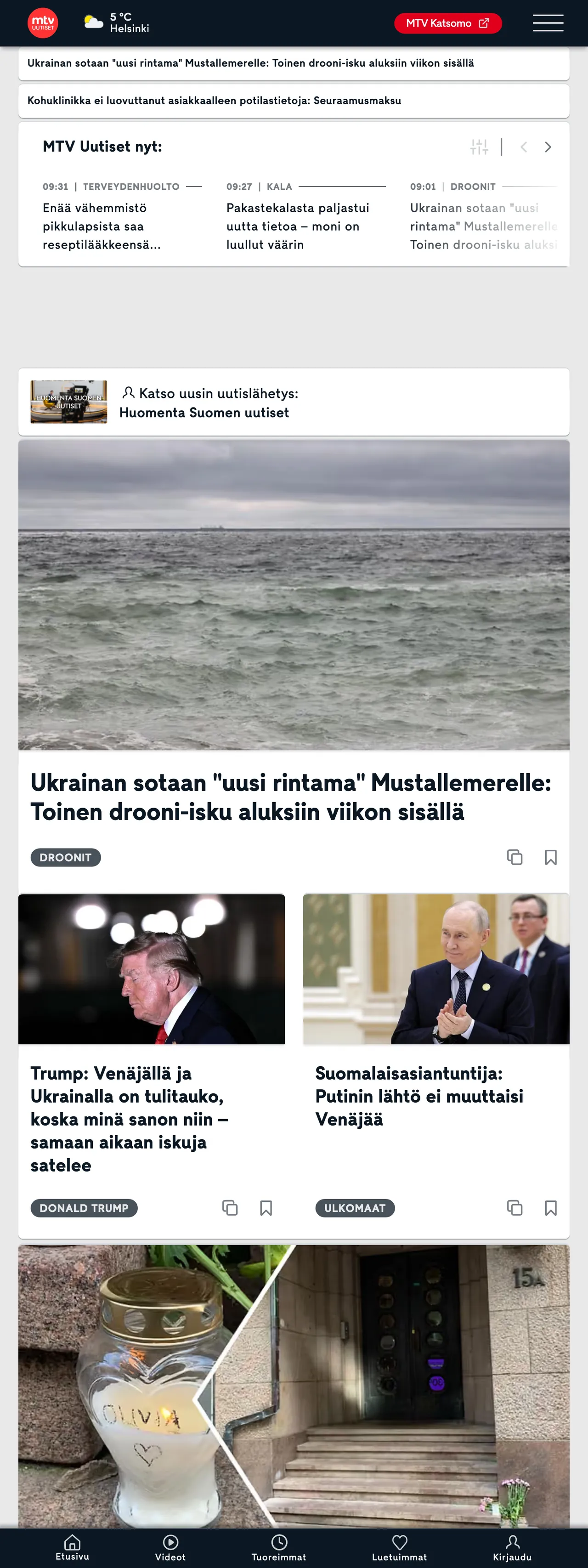 Screenshot of the MTV Uutiset front page