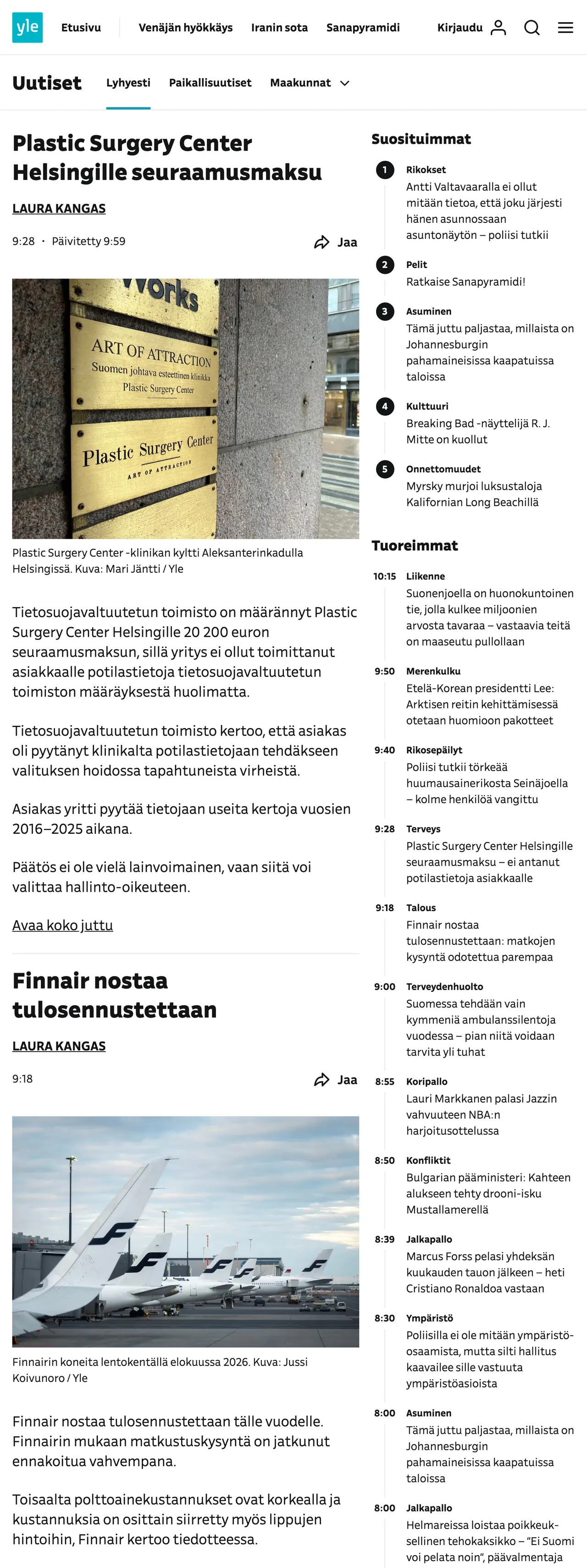 Screenshot of the Yle front page