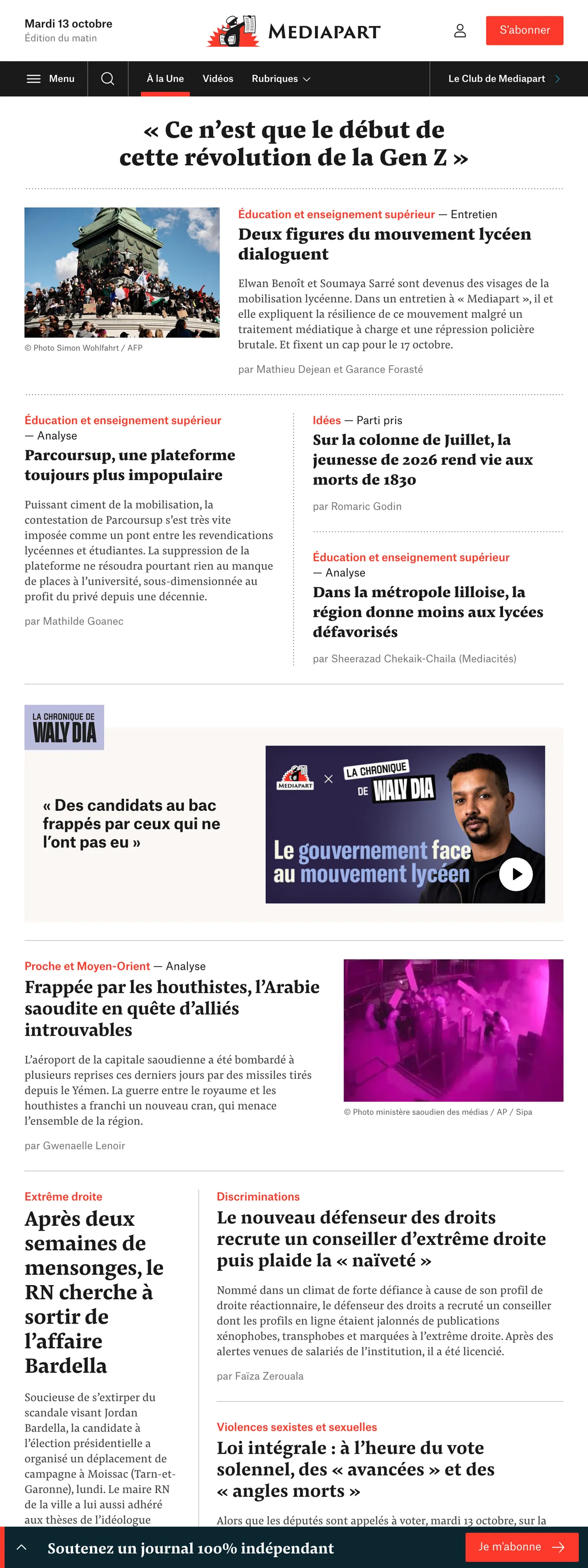 Screenshot of the Mediapart front page