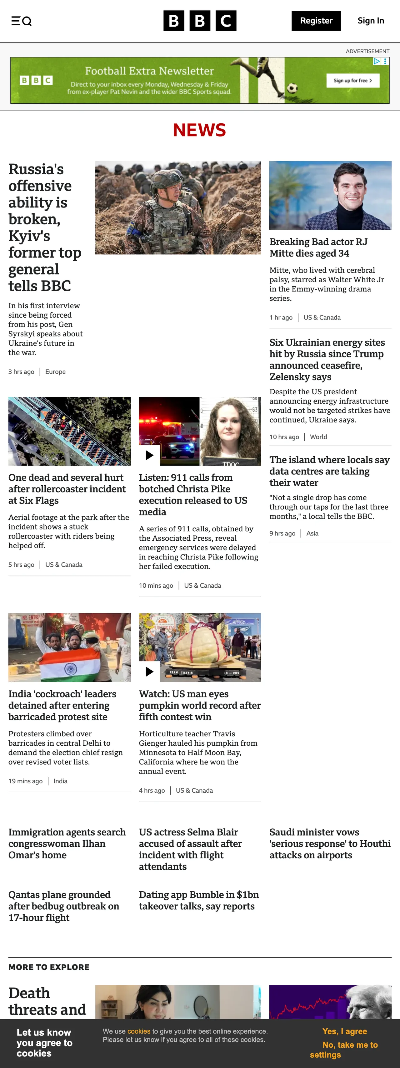 Screenshot of the BBC News front page