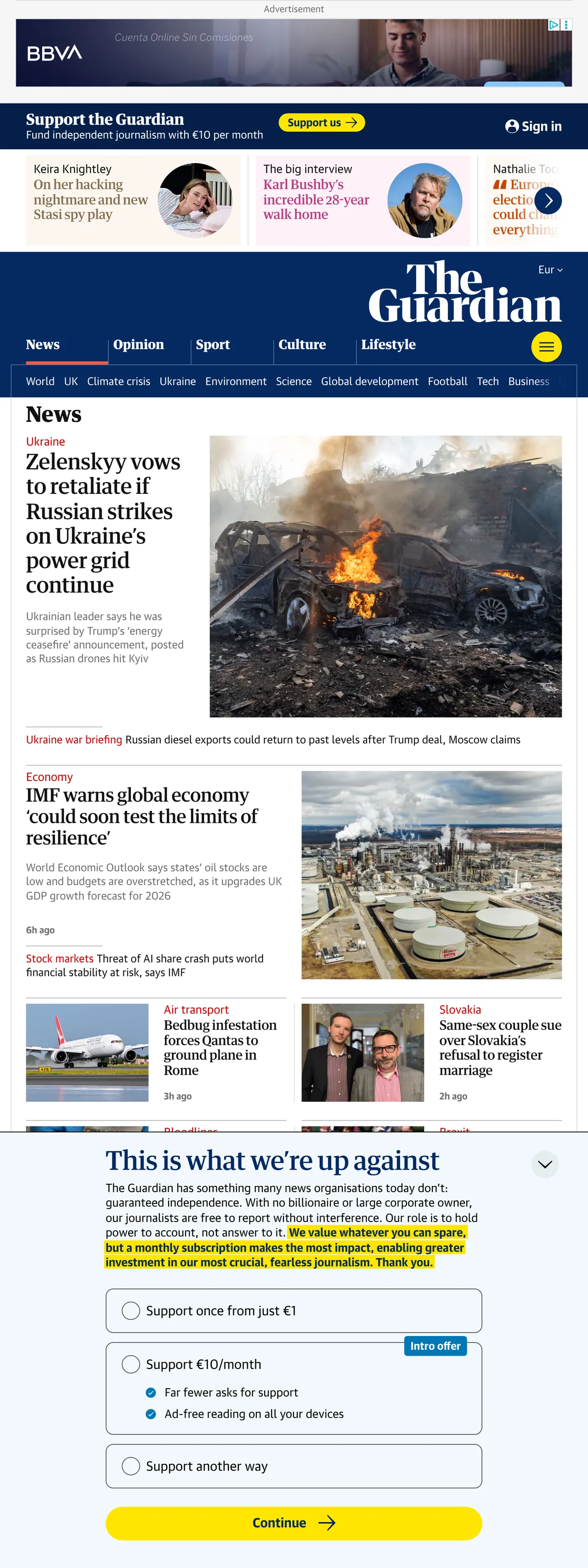 Screenshot of the The Guardian front page