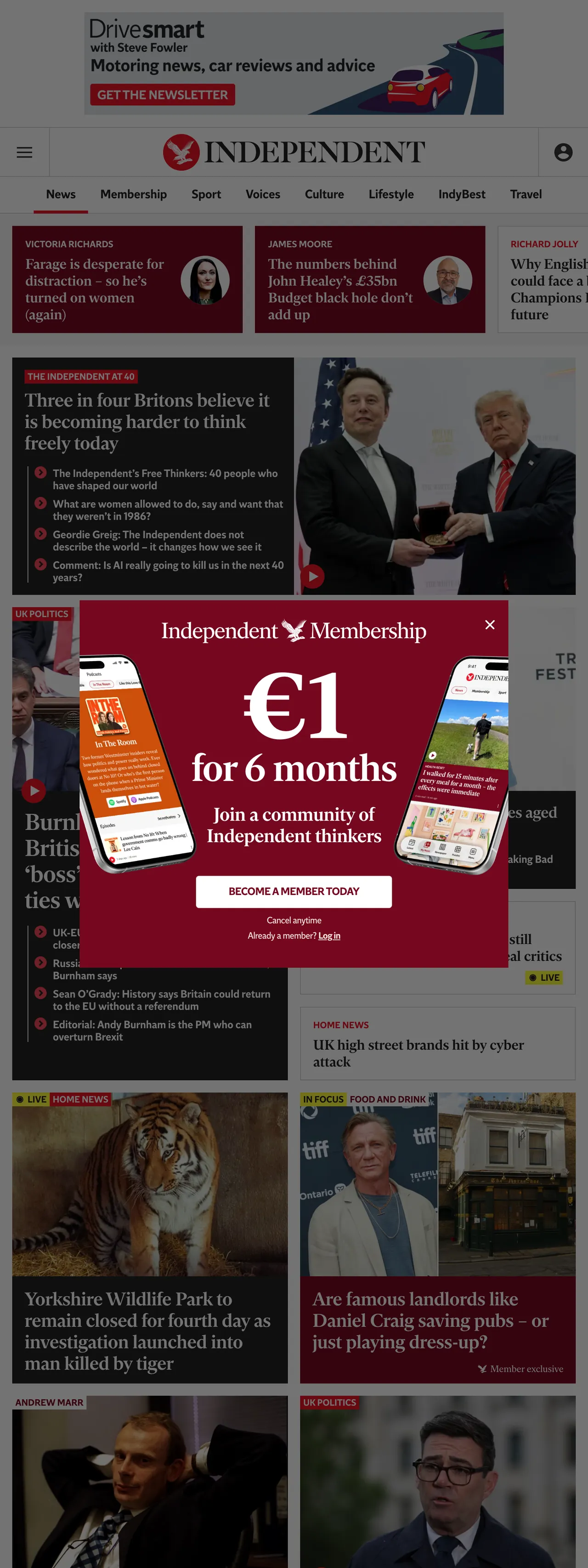 Screenshot of the The Independent front page