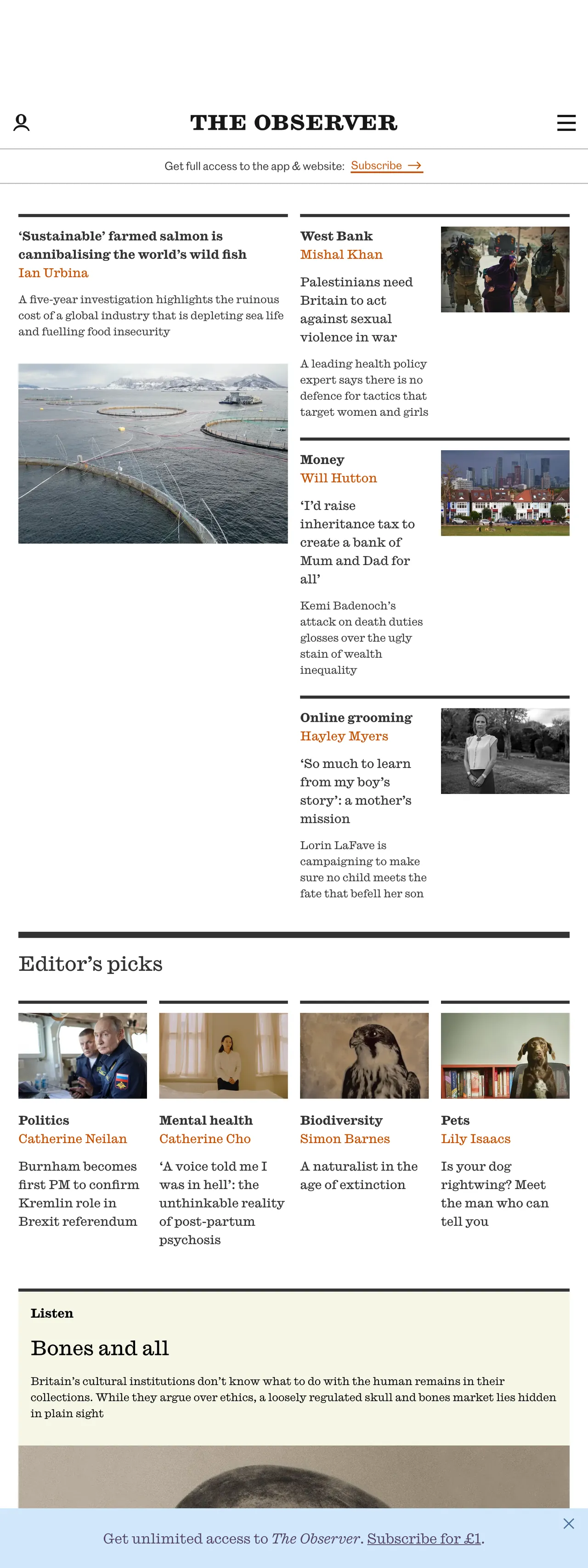 Screenshot of the The Observer front page