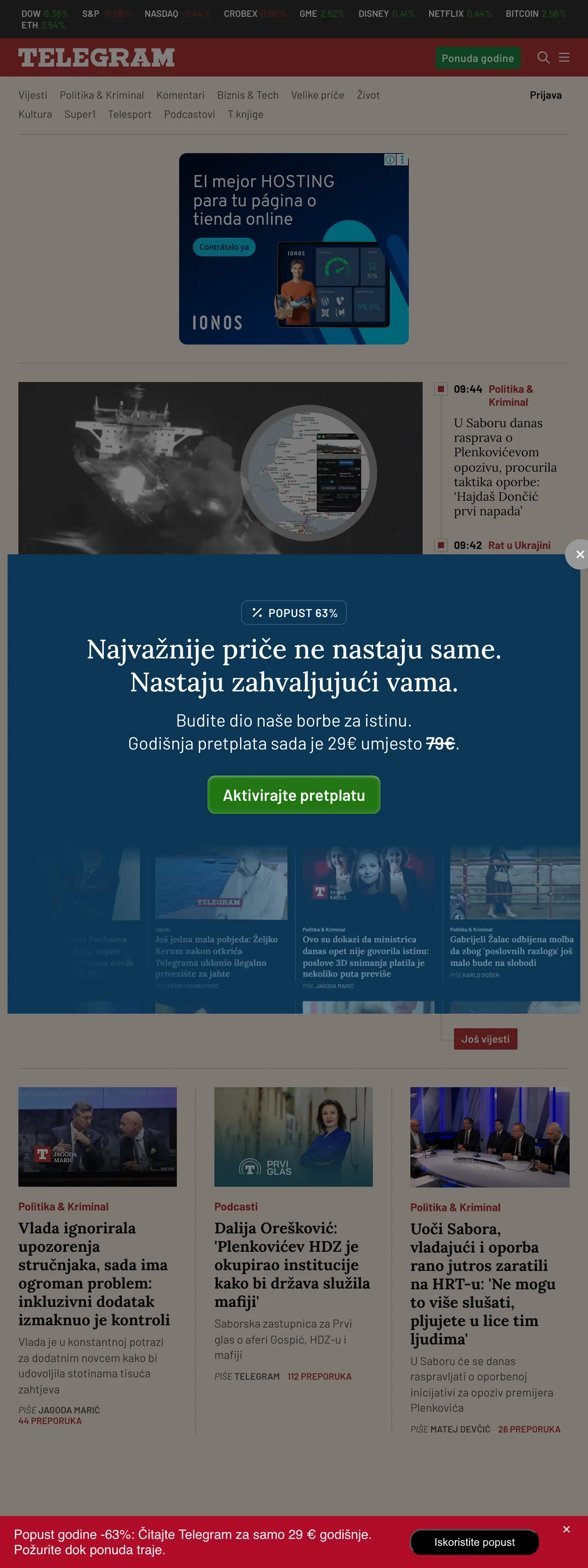 Screenshot of the Telegram.hr front page
