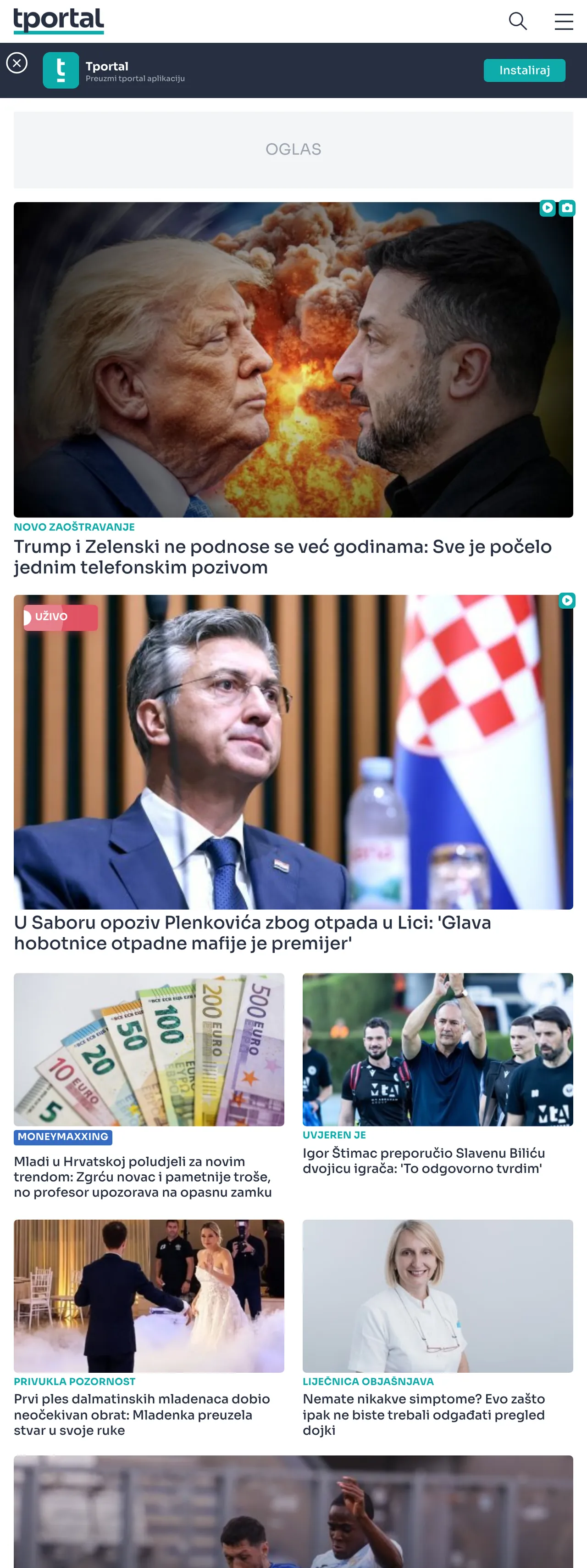 Screenshot of the tportal front page