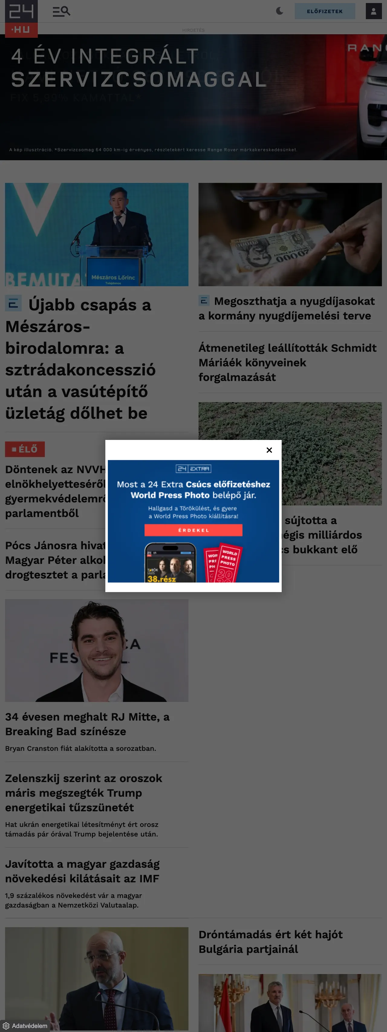 Screenshot of the 24.hu front page